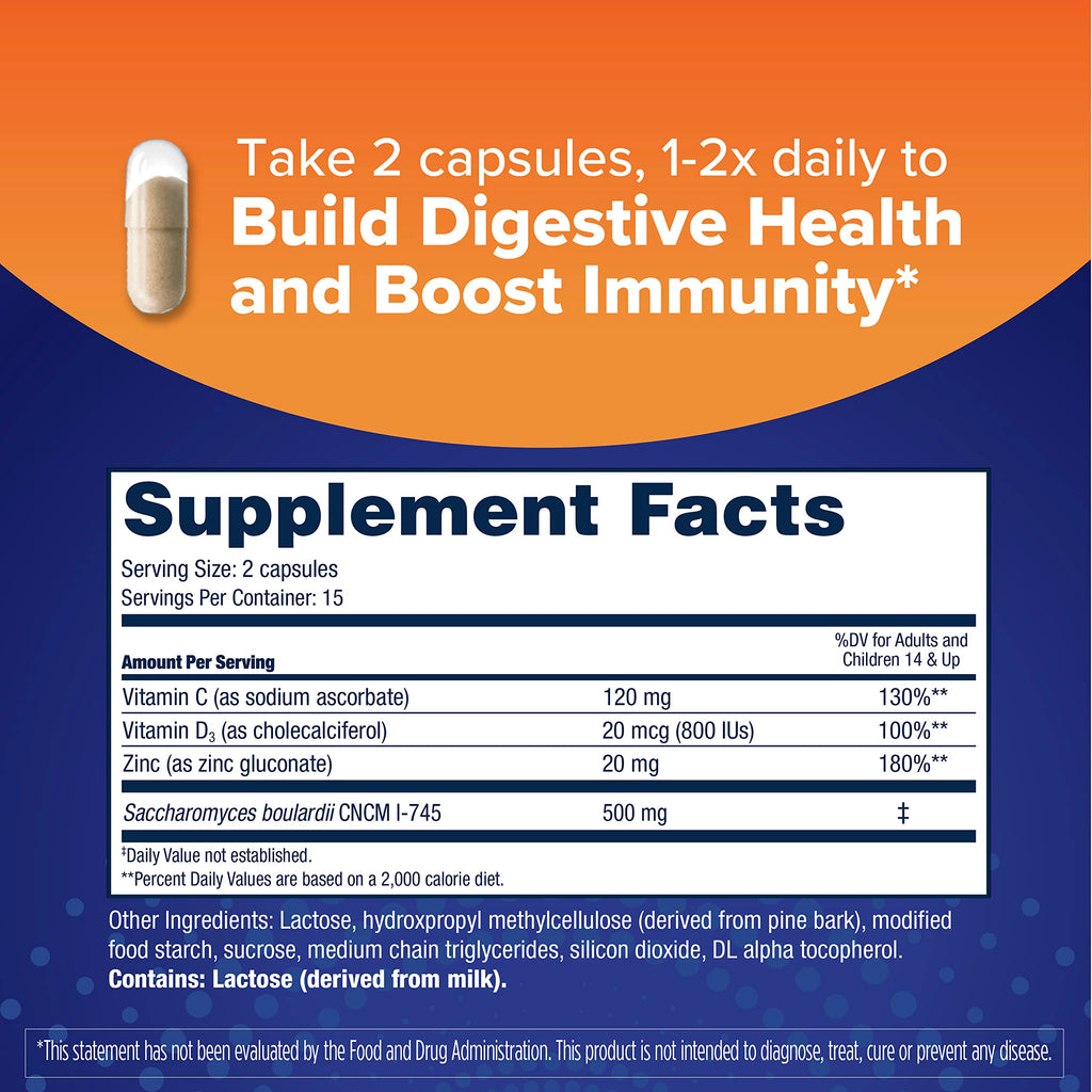 Florastor Advanced Immunity Boost Daily Probiotic & Immune Support Supplement for Women and Men, Saccharomyces Boulardii CNCM I-745 Plus Zinc, Vitamin C & D3 (30 Capsules)