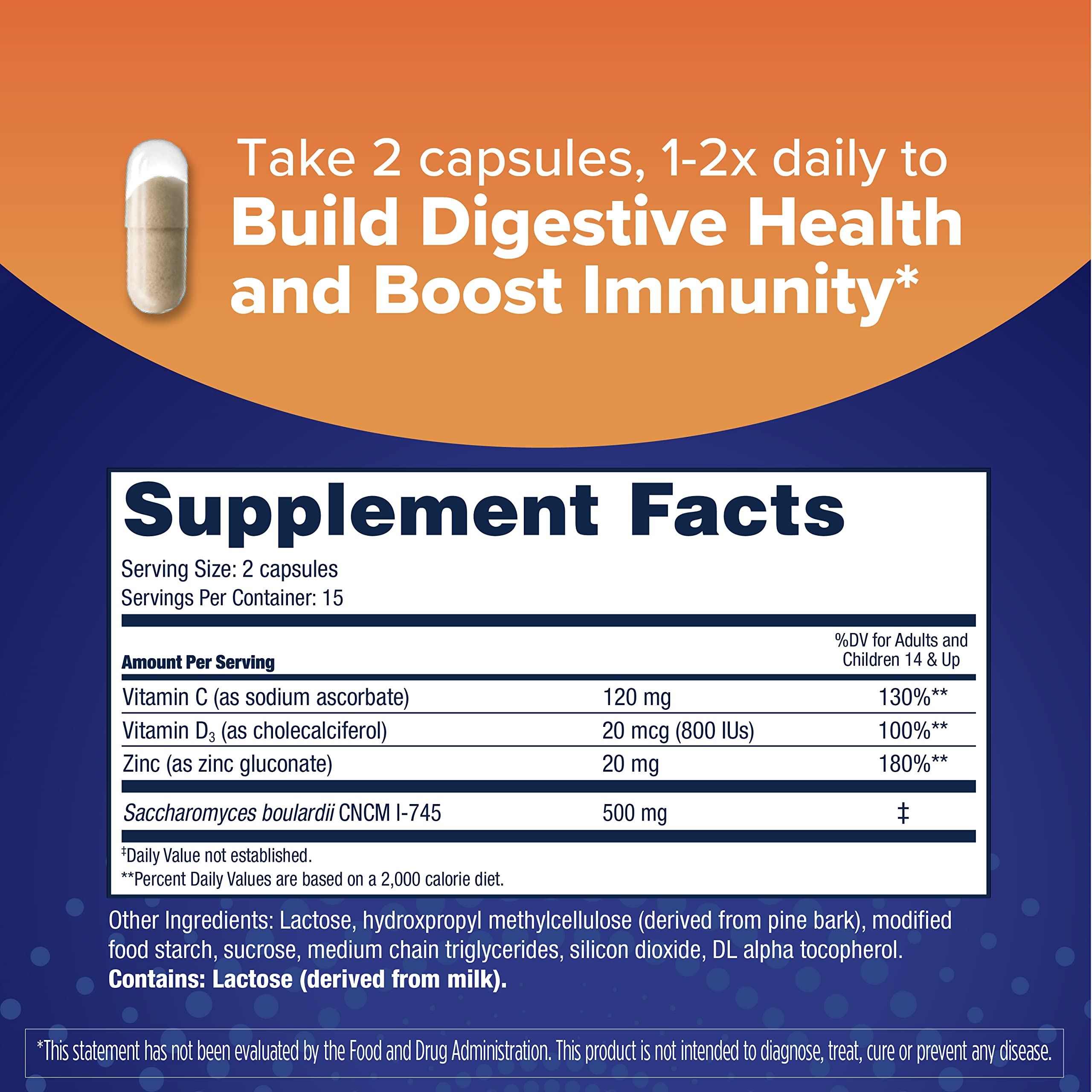Florastor Advanced Immunity Boost Daily Probiotic & Immune Support Supplement for Women and Men, Saccharomyces Boulardii CNCM I-745 Plus Zinc, Vitamin C & D3 (30 Capsules)