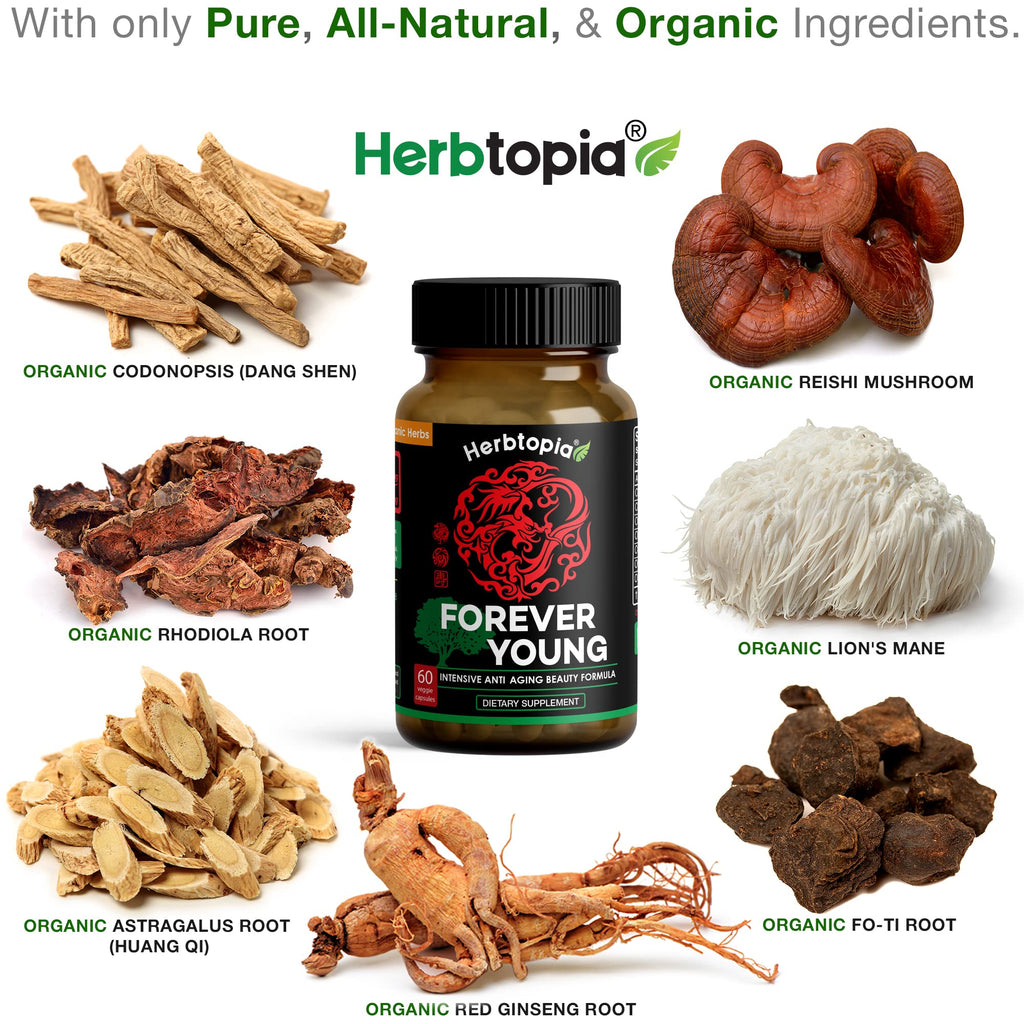 Herbtopia Forever Young Anti Aging Adaptogen Supplement with Organic Red Ginseng, Astragalus, Reishi, Lion's Mane & Codonopsis — Supports Immune Function, Healthy Aging & Longevity | 60 Vegan Caps
