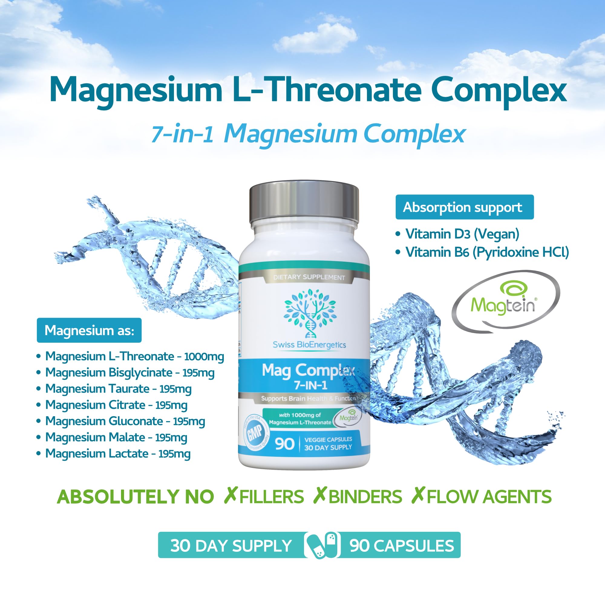 Magnesium L-Threonate Complex 7-in-1 with 1000mg of Magtein Plus Magnesium as Bisglycinate, Taurate, Citrate, Gluconate, Malate & Lactate - Supports Sleep - Vegan, US Made and No Artificial Nasties
