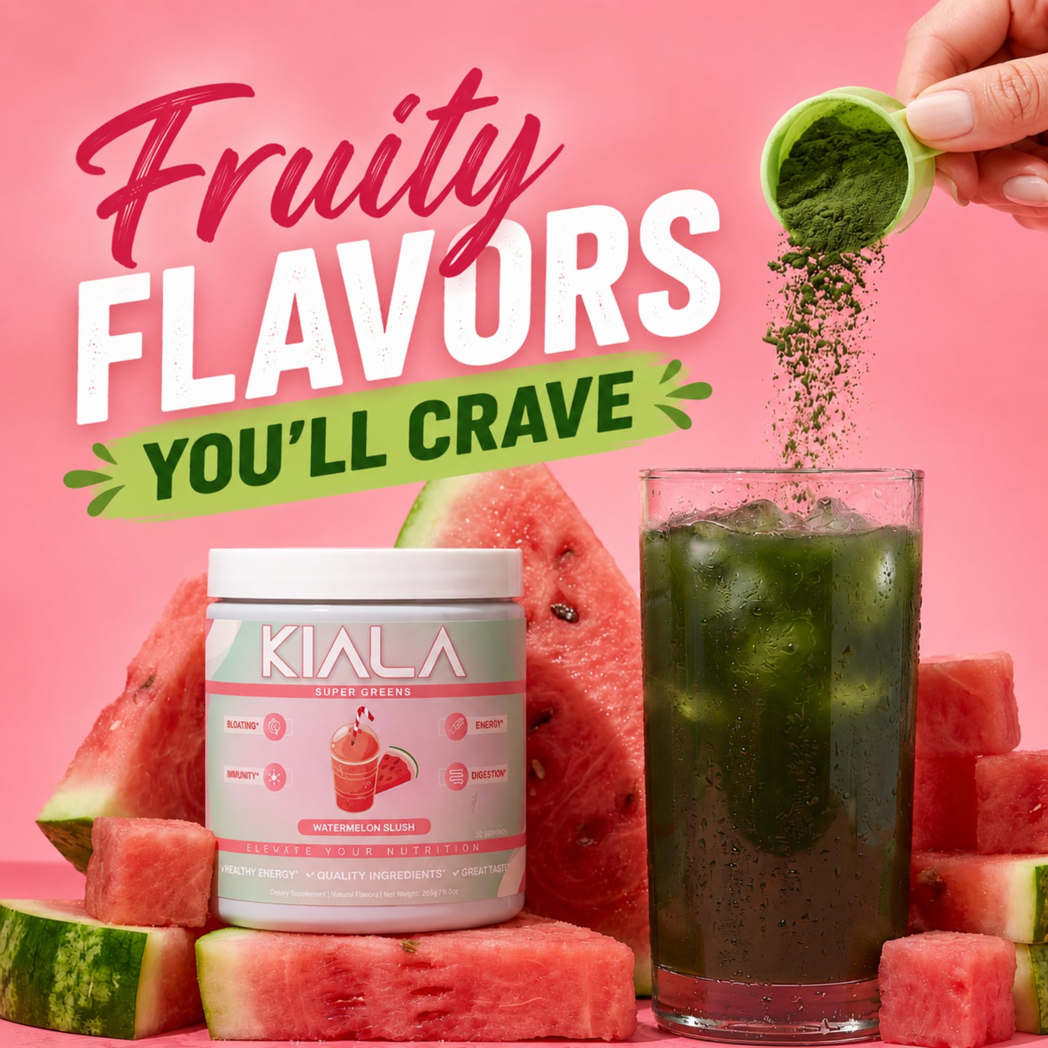 Kiala Nutrition Super Greens, Organic Greens Powder with Spirulina & Chlorella for Digestion, Gut Health, Immunity, Adaptogens, Energy, Gluten Free, Vegan, Sugar Free, Watermelon Slush, 30 Servings