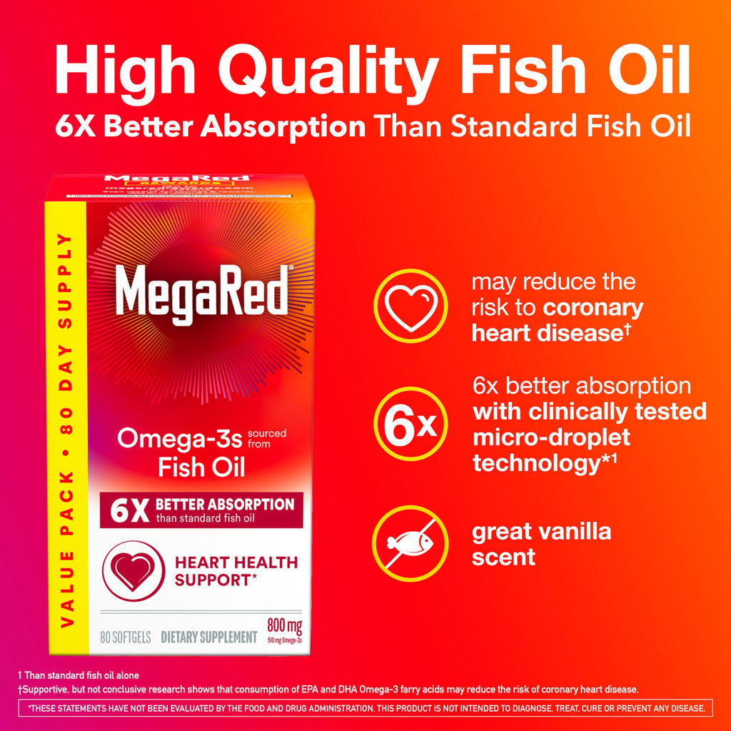 MegaRed Fish Oil 800mg Omega 3 Supplement with EPA & DHA, Supports Heart, Brain, Joint and Eye Health, No Fishy Aftertaste - 80 Softgels (80 Servings)