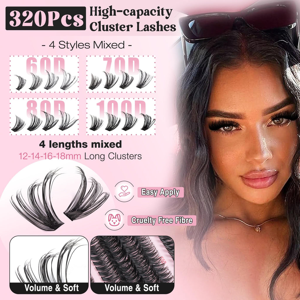Goddvenus Eyelash Clusters Kit 60+70+80+100D Individual Lashes 320Pcs 12-18mm Lash Extension Kit Wispy Eyelash Extension Kit Fluffy Volume Waterproof Cluster Eyelash Extensions Kit