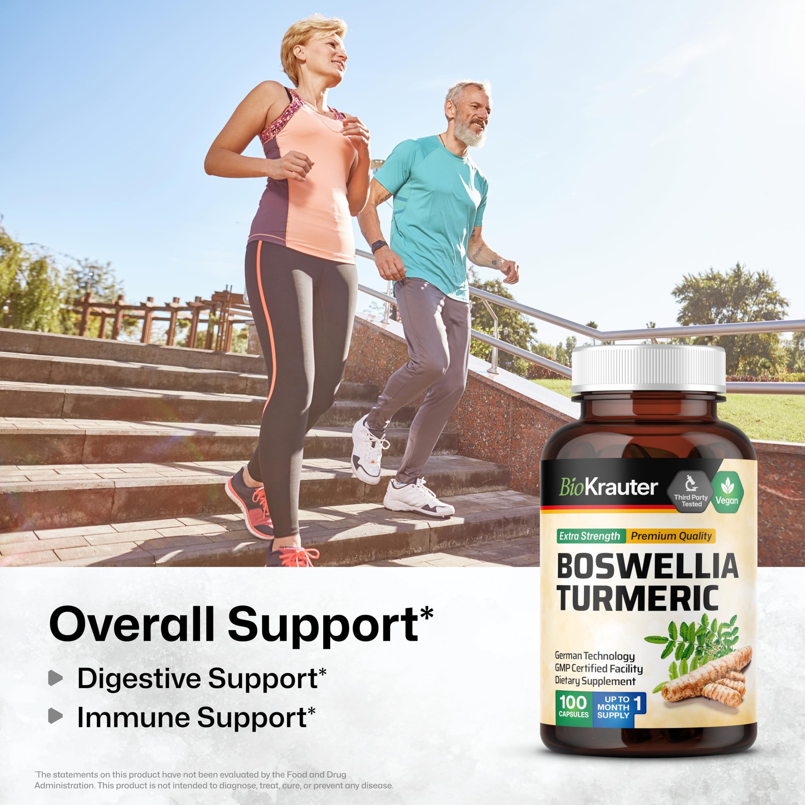 BIO KRAUTER® Turmeric Curcumin Supplement with Boswellia for Mobility Support - Vegan Turmeric with Black Pepper & Boswellia Extract 100 Capsules, 33 Days of Supply - Natural Digestive Support
