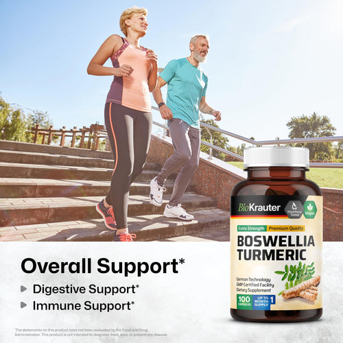 BIO KRAUTER® Turmeric Curcumin Supplement with Boswellia for Mobility Support - Vegan Turmeric with Black Pepper & Boswellia Extract 100 Capsules, 33 Days of Supply - Natural Digestive Support