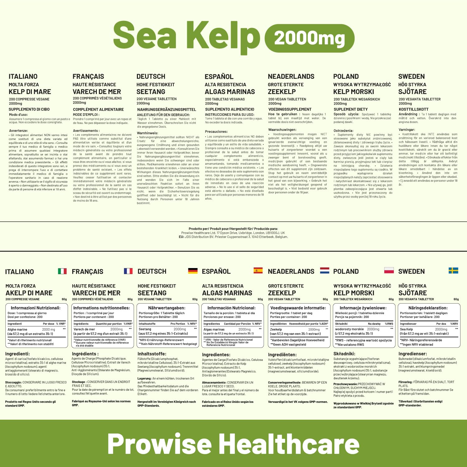 Sea Kelp 2000mg 200 Vegan Tablets | Natural Source of Iodine | Premium Ingredients | Proudly Made in the UK by Prowise