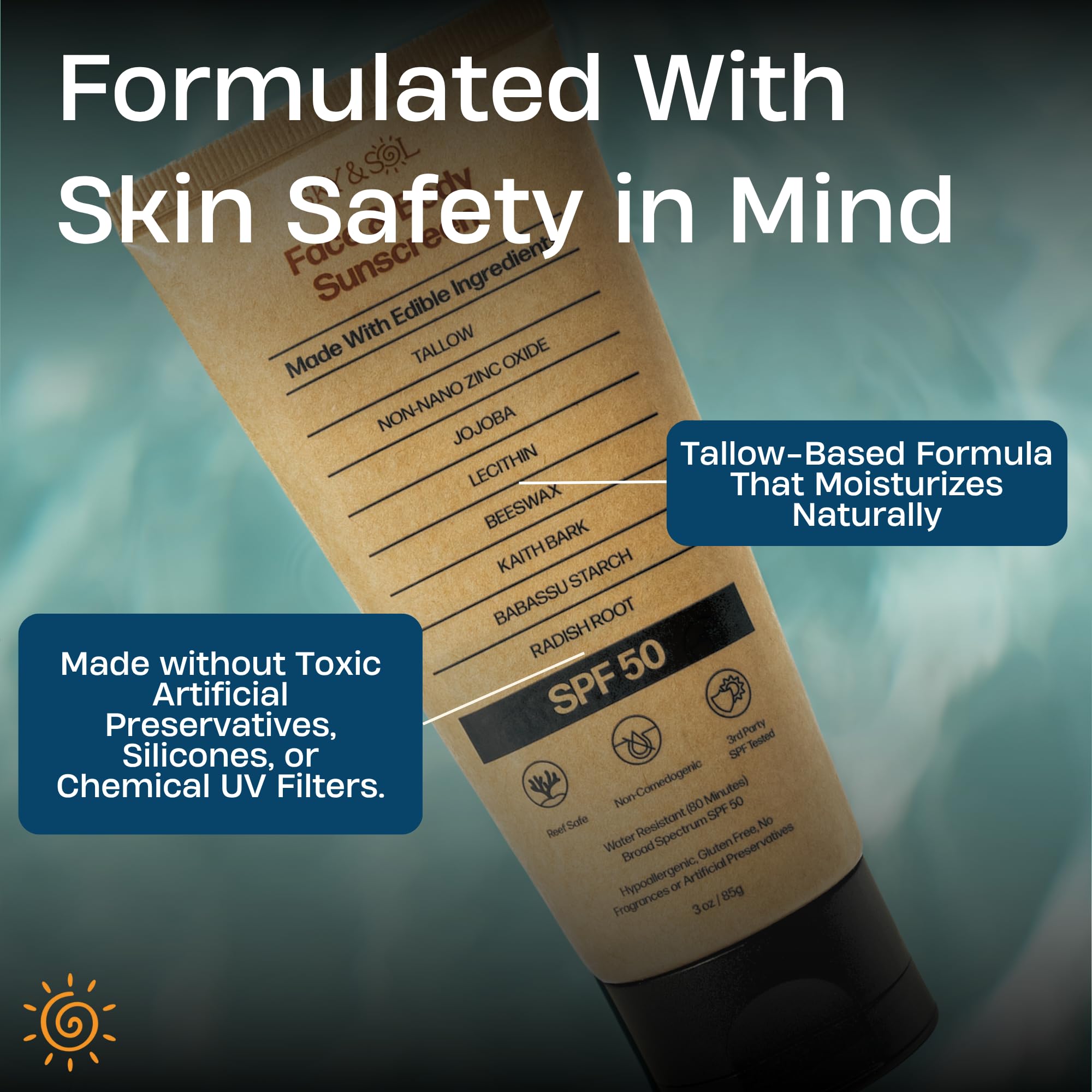 Sky and Sol Mineral Sunscreen SPF 50 | With Grass-Fed Tallow & Zinc Oxide | Non-Greasy Formula for Face & Body | Made Without Reef-Harming UV Filters | 3 oz (85 g)