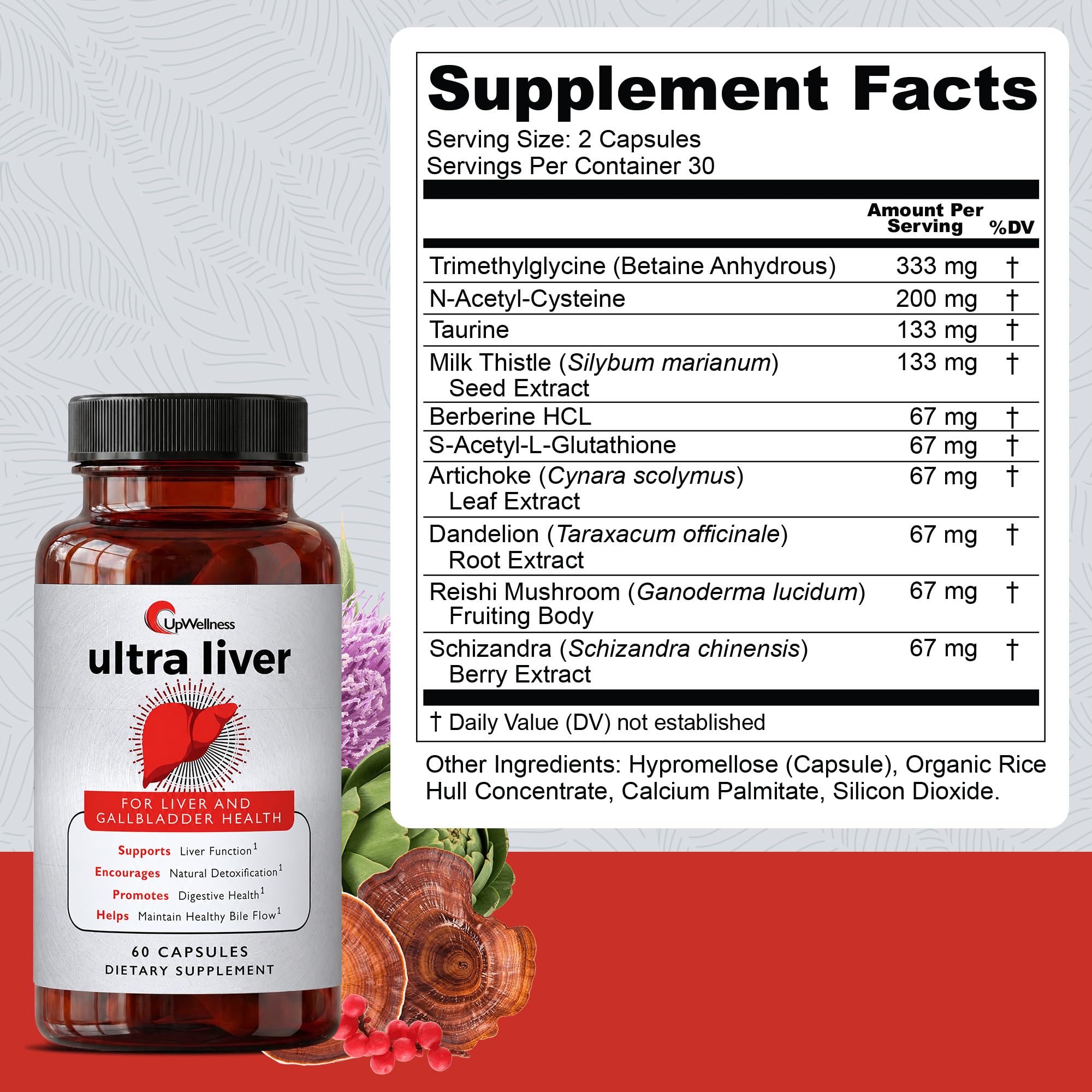 UpWellness Ultra Liver Supplement for Liver Support and Gallbladder Support - Powered by TMG, NAC Milk Thistle, and More - Liver Cleanse Detox & Repair - 60 Capsules
