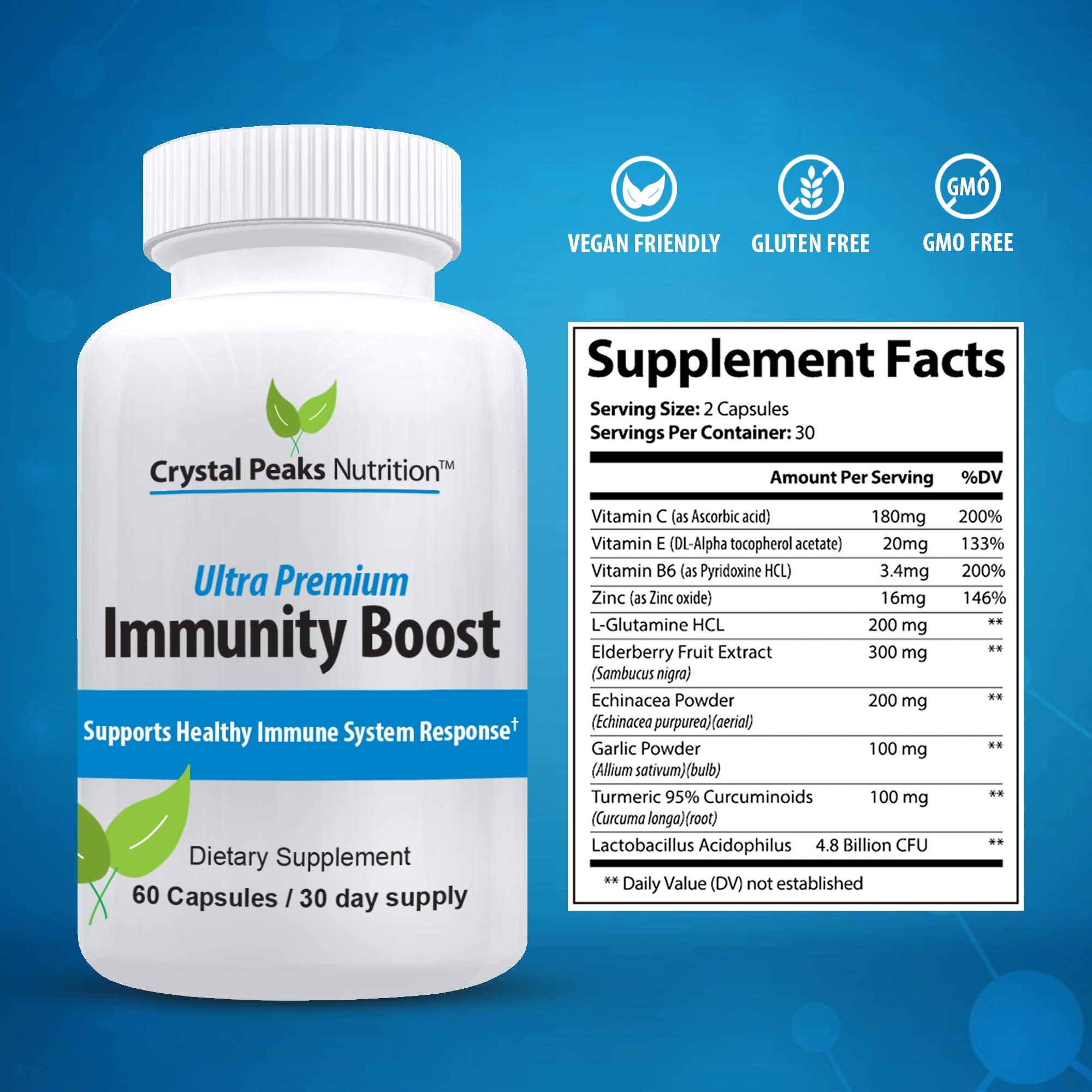 Immune Support Capsules with Elderberry, Vitamin C, Echinacea, Garlic, Zinc, Turmeric, and More for Adult Men and Women - Easy-to-Swallow Immune Support Vitamins - 60 Vegan Capsules (30 Day Supply)