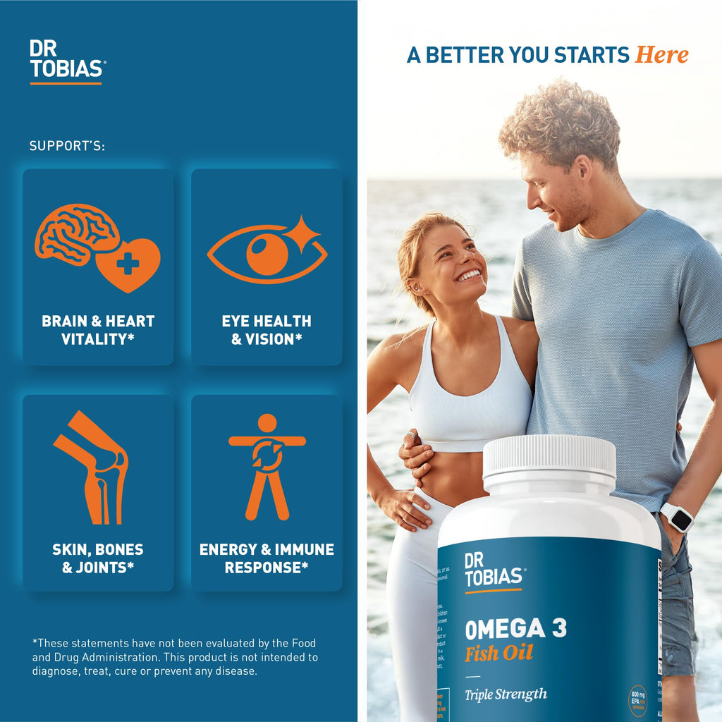 Dr. Tobias Omega 3 Fish Oil 2000mg Triple Strength with 800mg EPA 600mg DHA Per Serving | Fish Oil Omega 3 Supplements for Heart Brain & Immune Support - 90 Softgels (45 Servings)