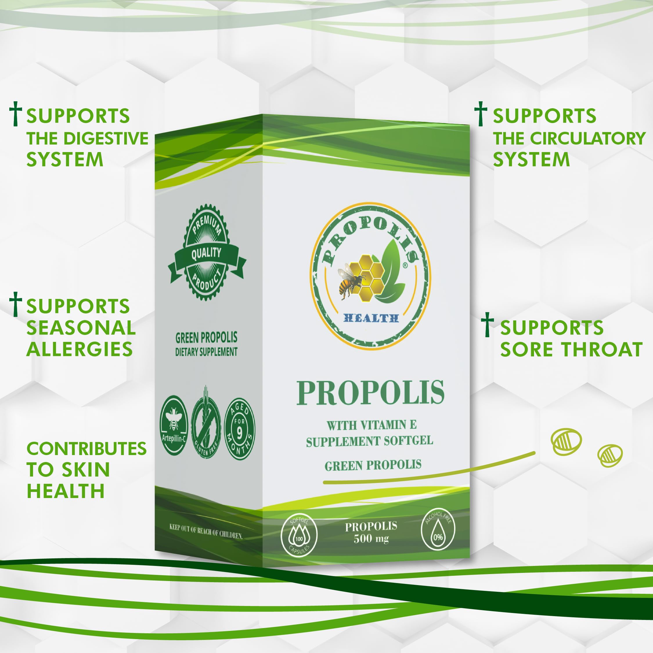 Propolis Health Propolis Capsules 1000mg-Daily with Vitamin E Per dose - Pure Brazilian Green Propolis Extract - Immune Booster 50 Days Supply -100 Capsules