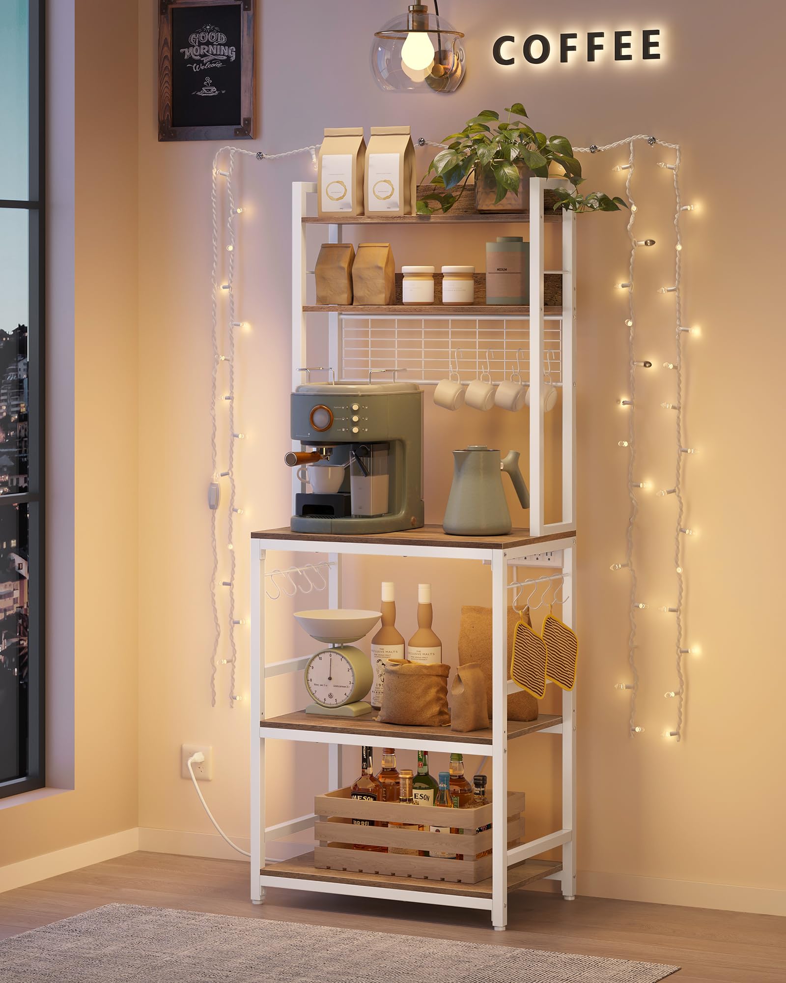Hutch Bakers Rack with Power Outlet, 14 Hooks Microwave Stand, Adjustable Coffee Bar with Metal Wire Panel, Kitchen Storage Shelf, 15.7 x 23.6 x 66.9 Inches, Rustic Walnut and White UKKS037W41