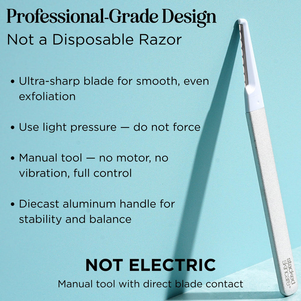 StackedSkincare Professional-Grade Dermaplaning Tool – Precision Exfoliation, Removes Peach Fuzz & Dead Skin, Aluminum Handle, Refillable Blades