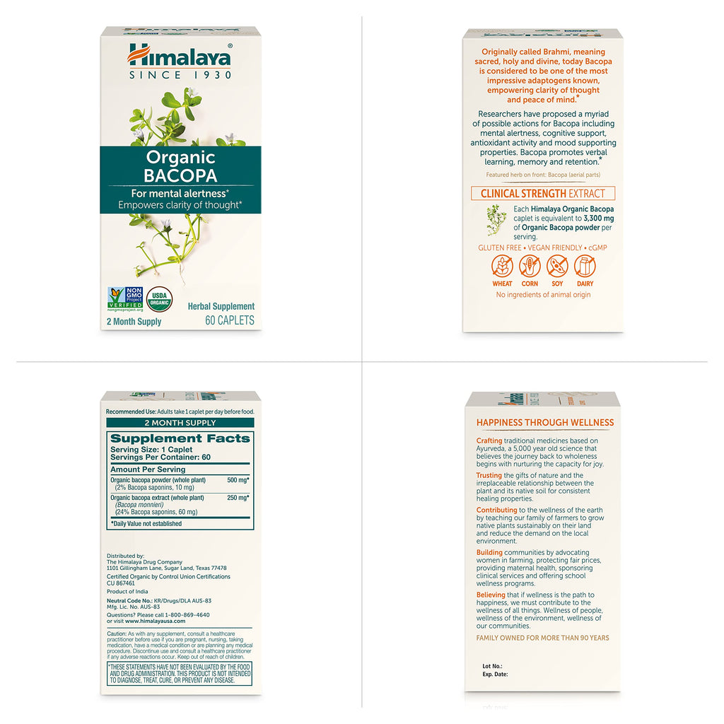 Himalaya USDA Organic Bacopa Monnieri Nootropic Herbal Supplement,Brahmi,Bacopa Supplements, Bacopa Extract,Mental Alertness, Supports Calm,Memory,Cognition,Non-GMO,750 mg, 120 Plant-Based Caplets