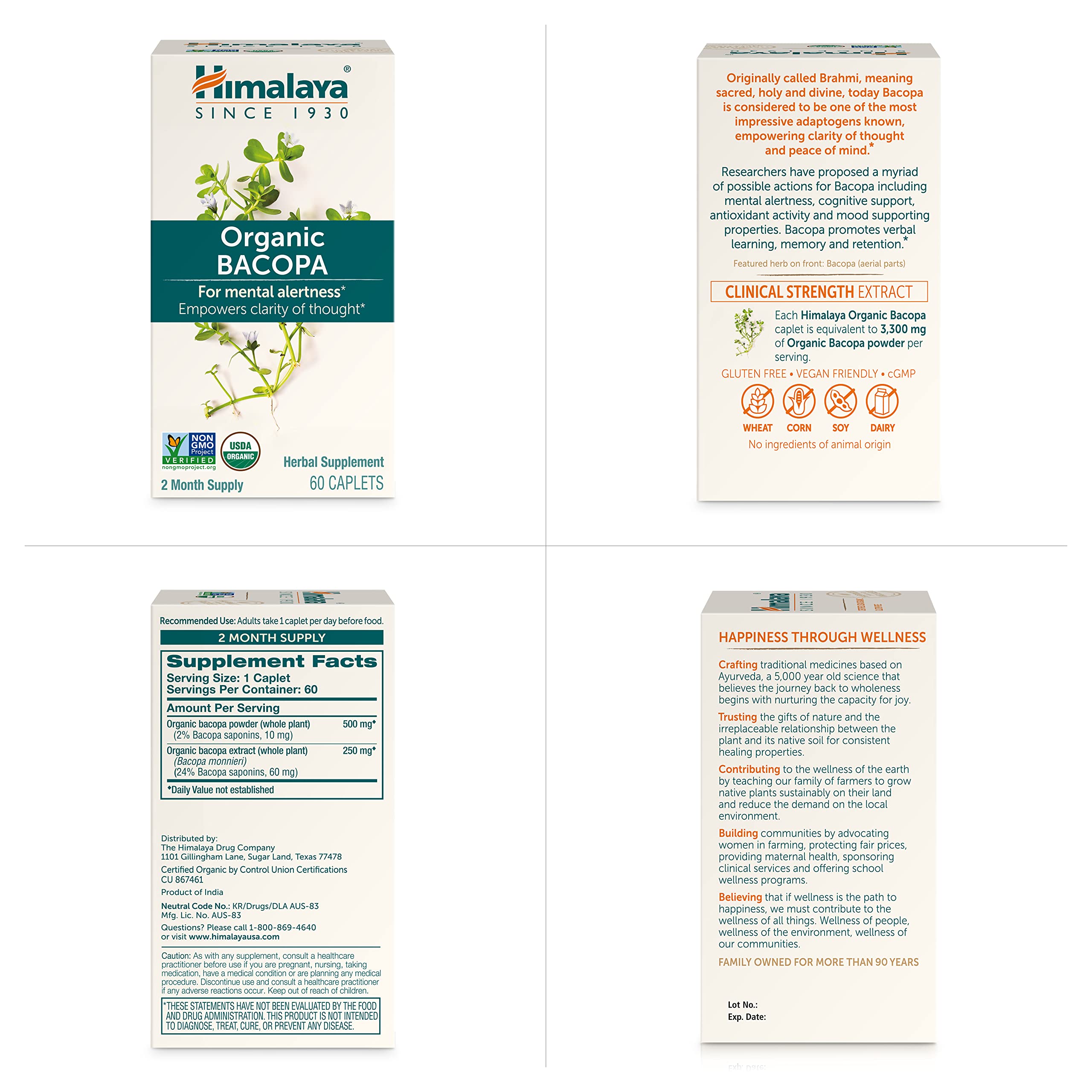 Himalaya USDA Organic Bacopa Monnieri Nootropic Herbal Supplement,Brahmi,Bacopa Supplements, Bacopa Extract,Mental Alertness, Supports Calm,Memory,Cognition,Non-GMO,750 mg, 120 Plant-Based Caplets