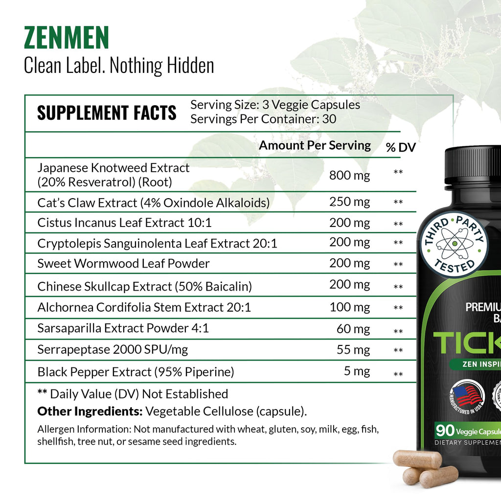 Zenmen Tick Immune Support Supplement - Improved Formula - Japanese Knotweed, Cat's Claw, Chinese Skullcap, Cryptolepis Sanguinolenta, Sweet Wormwood - 90 Vegan Capsules, Made in The USA