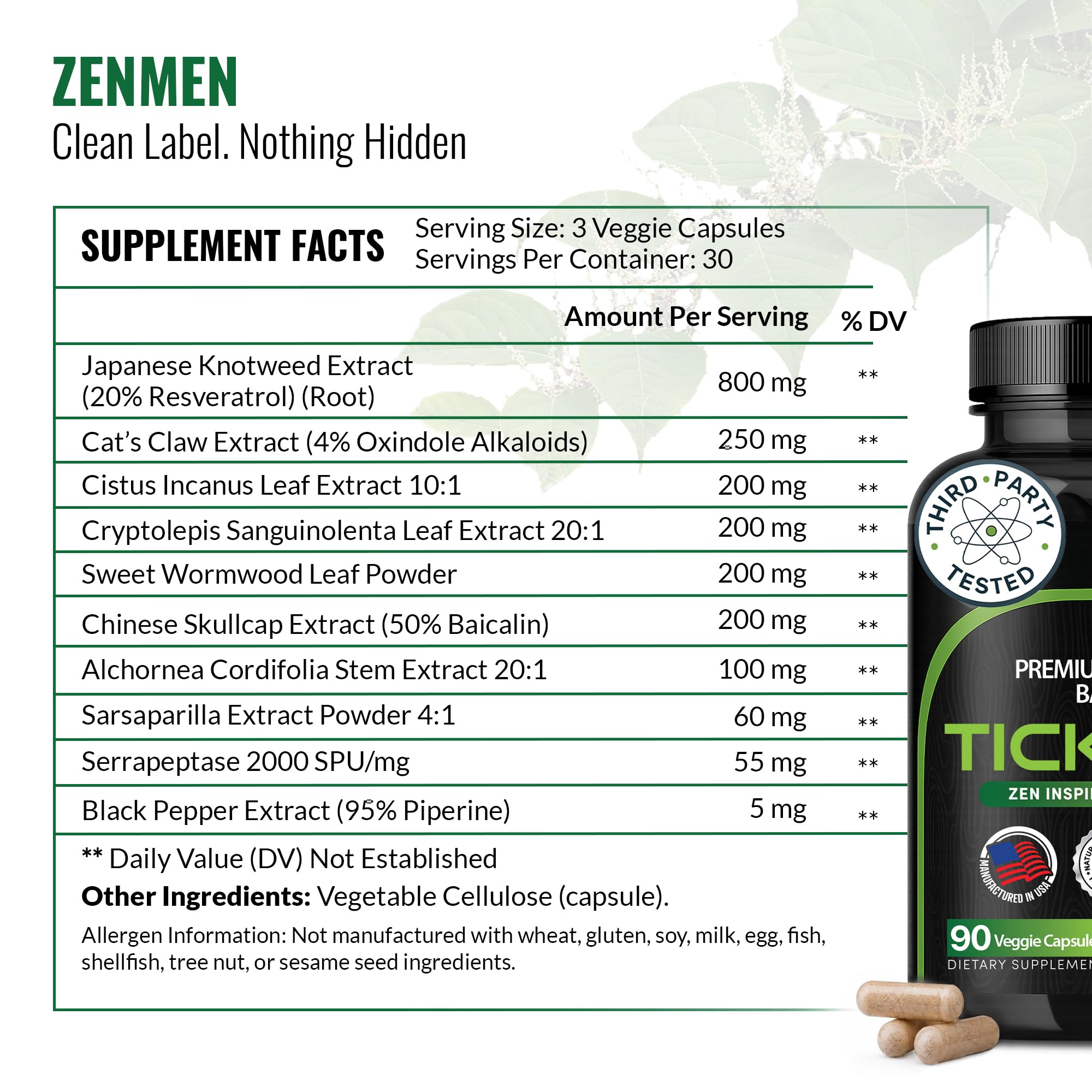 Zenmen Tick Immune Support Supplement - Improved Formula - Japanese Knotweed, Cat's Claw, Chinese Skullcap, Cryptolepis Sanguinolenta, Sweet Wormwood - 90 Vegan Capsules, Made in The USA