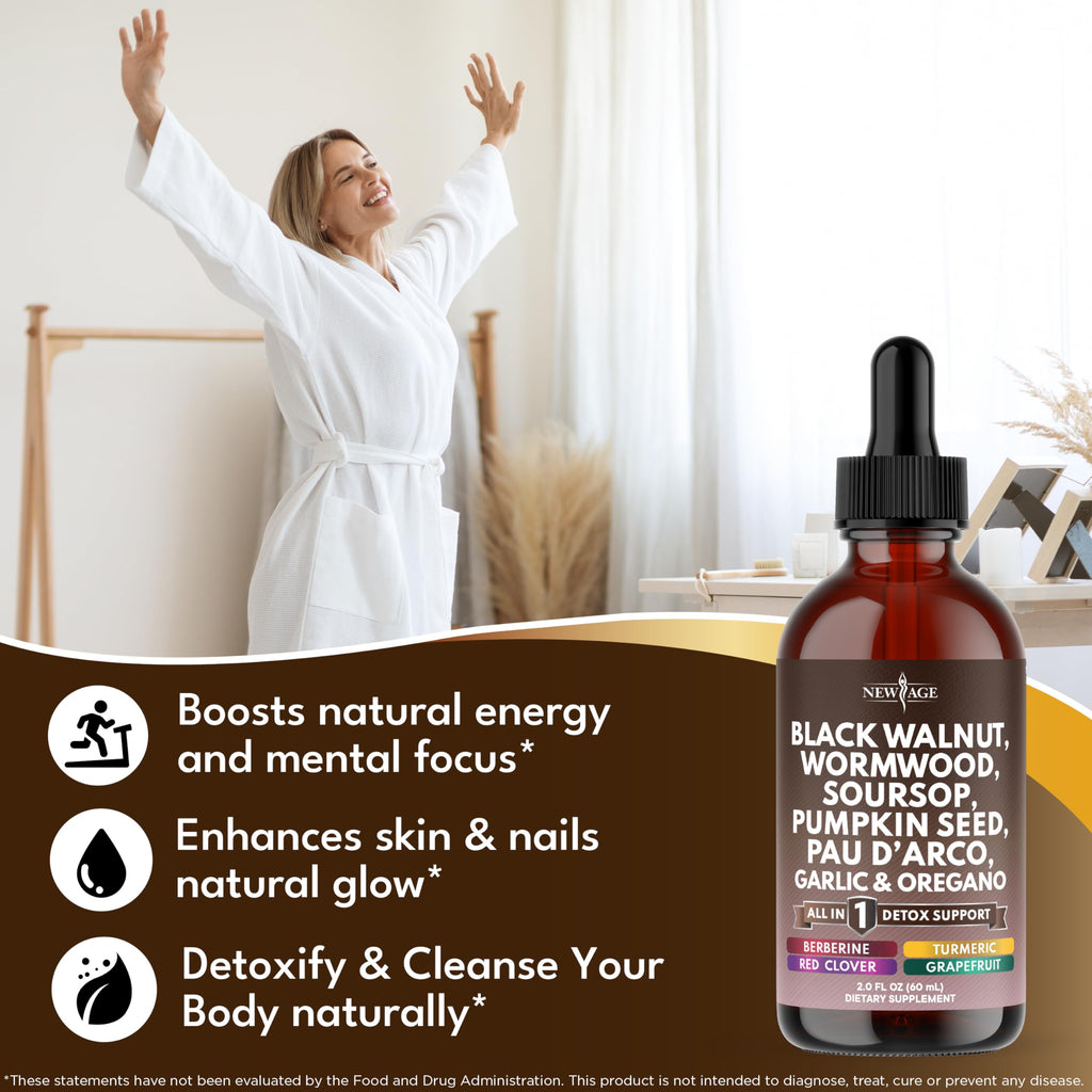 Black Walnut Wormwood Cleanse Drops - Liquid Soursop, Garlic, Pumpkin Seed, PAU D'Arco, Oil of Oregano, Turmeric, Berberine, Neem Extract, Hull Bark, Tincture - 8oz