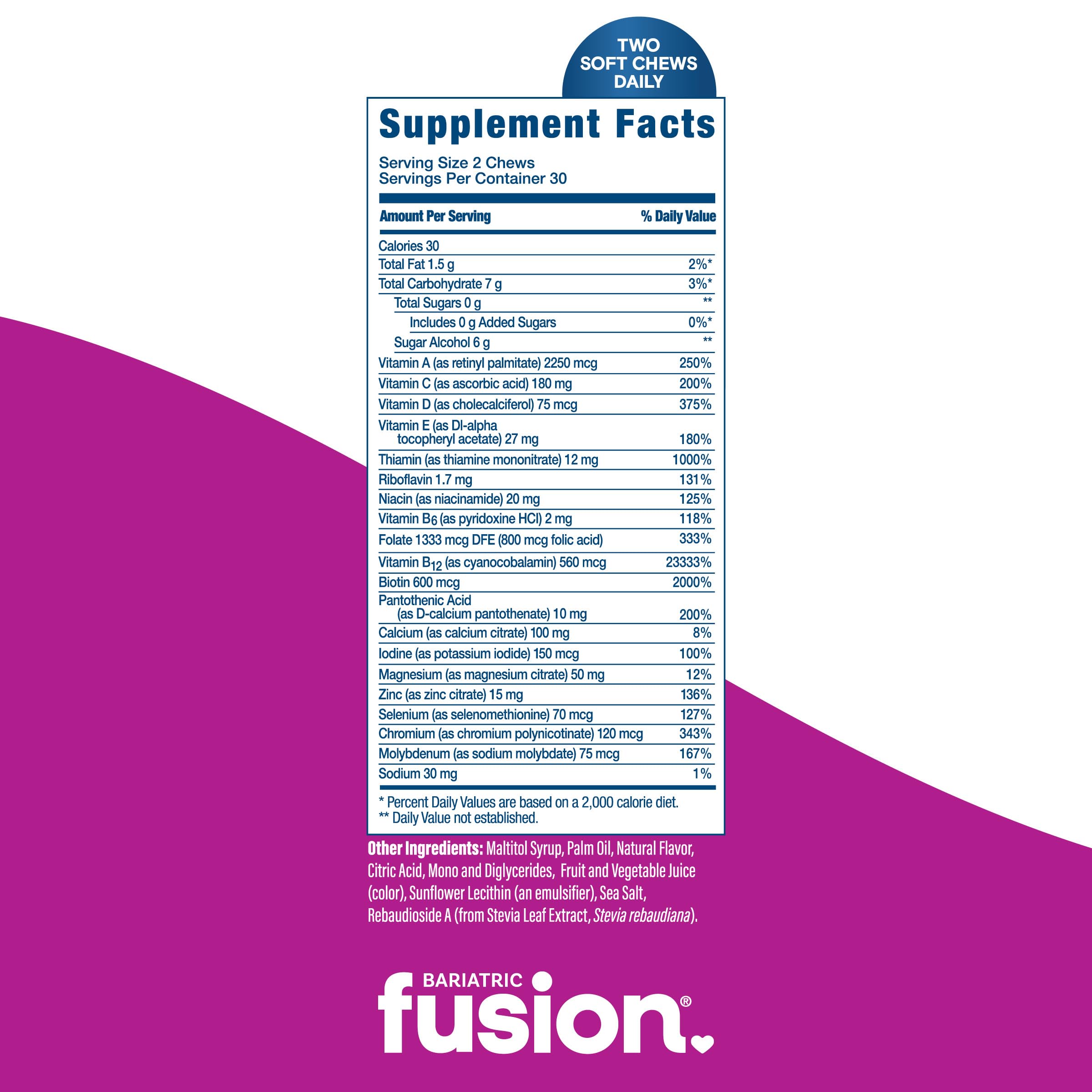 Bariatric Fusion Bariatric Multivitamin Soft Chew | Mixed Berry Fruit Flavor Chewy | Sugar Free Chewable Multivitamin Post Bariatric Surgery | Gastric Bypass and Sleeve | 60 Count | 1 Month Supply
