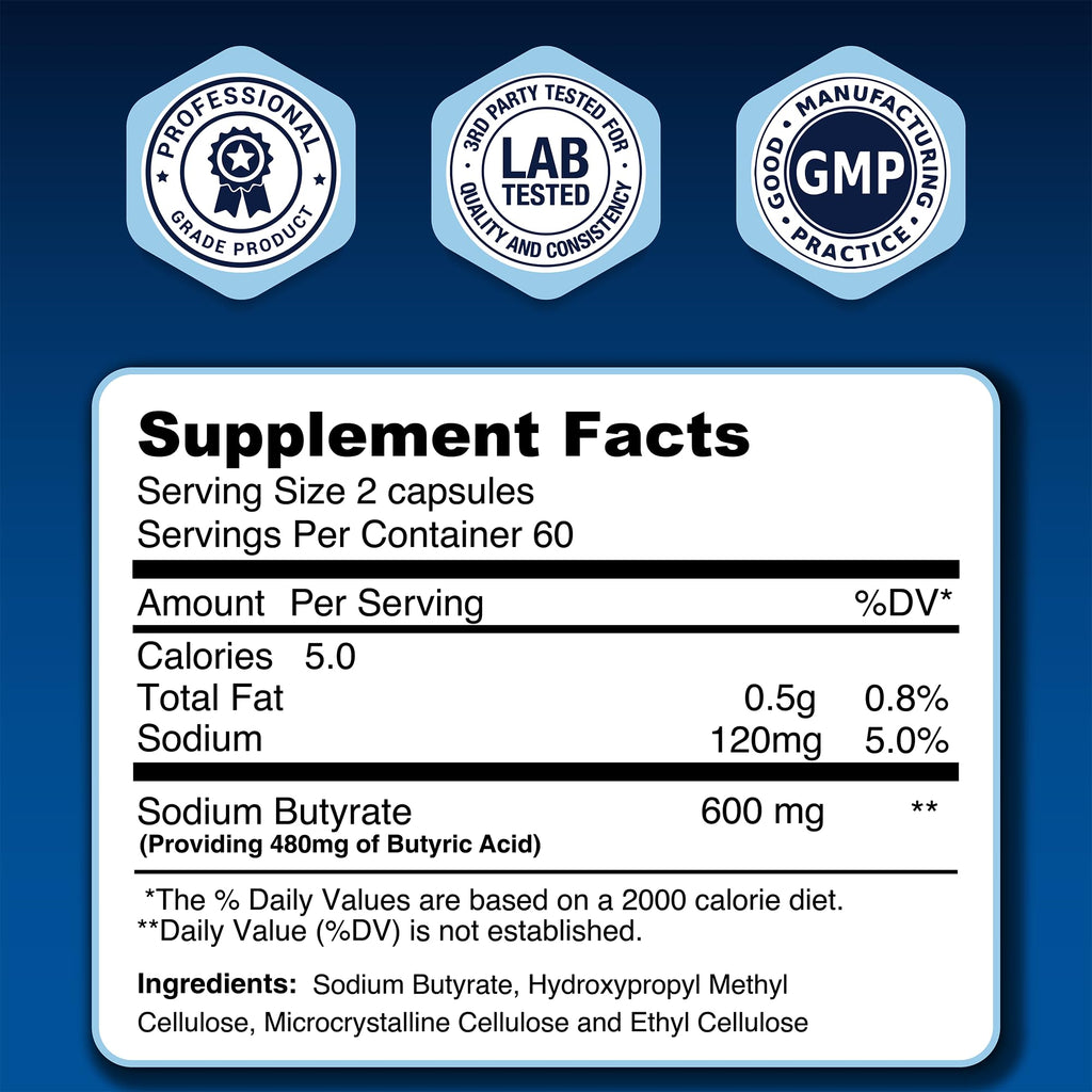 LongJuvity Labs Sodium Butyrate Supplement 300mg – Microencapsulated Butyrate Capsules – Extended Release Delivery Technology – Gut Health Support – 120 Capsules