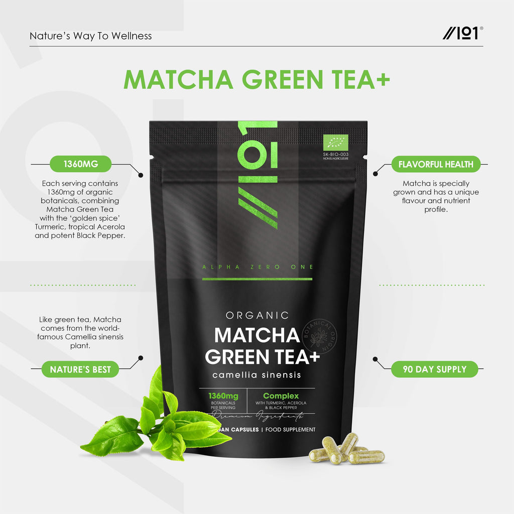 Organic Matcha Green Tea Extract 1360mg - 180 Vegan Capsules - Boosted with Turmeric, Acerola & Black Pepper – Resealable and Recyclable Pouch by Alpha01