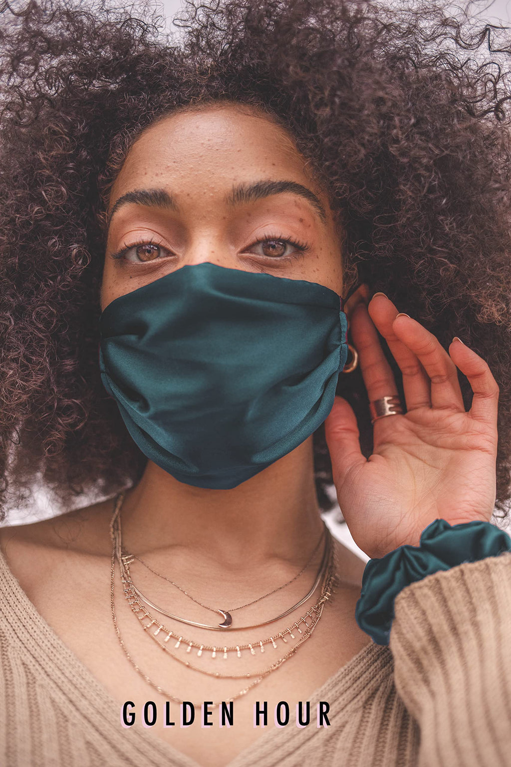 GOLDEN HOUR Silk Satin Mask | Sensitive Skin, Hypoallergenic | Adjustable Silk Mask | Washable UK (Single, Teal)