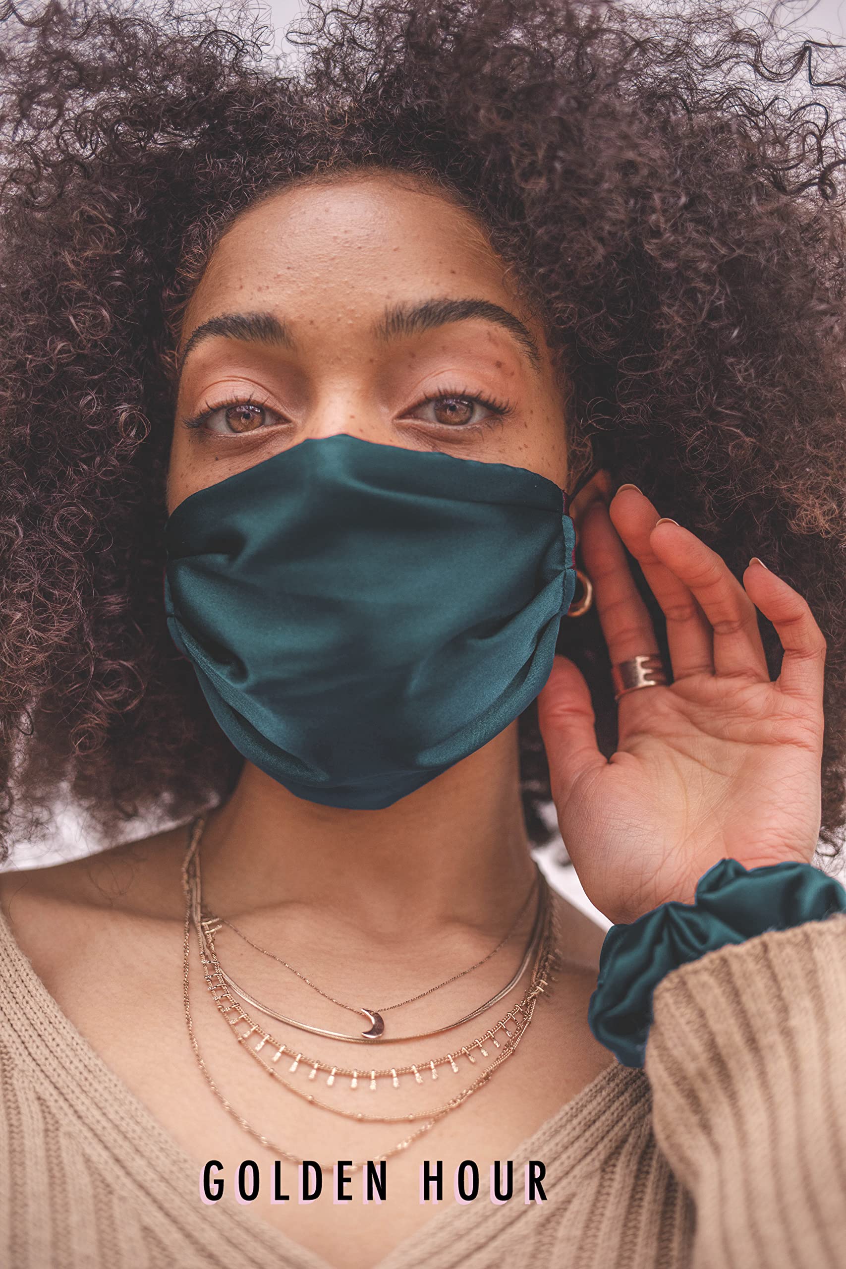 GOLDEN HOUR Silk Satin Mask | Sensitive Skin, Hypoallergenic | Adjustable Silk Mask | Washable UK (Single, Teal)