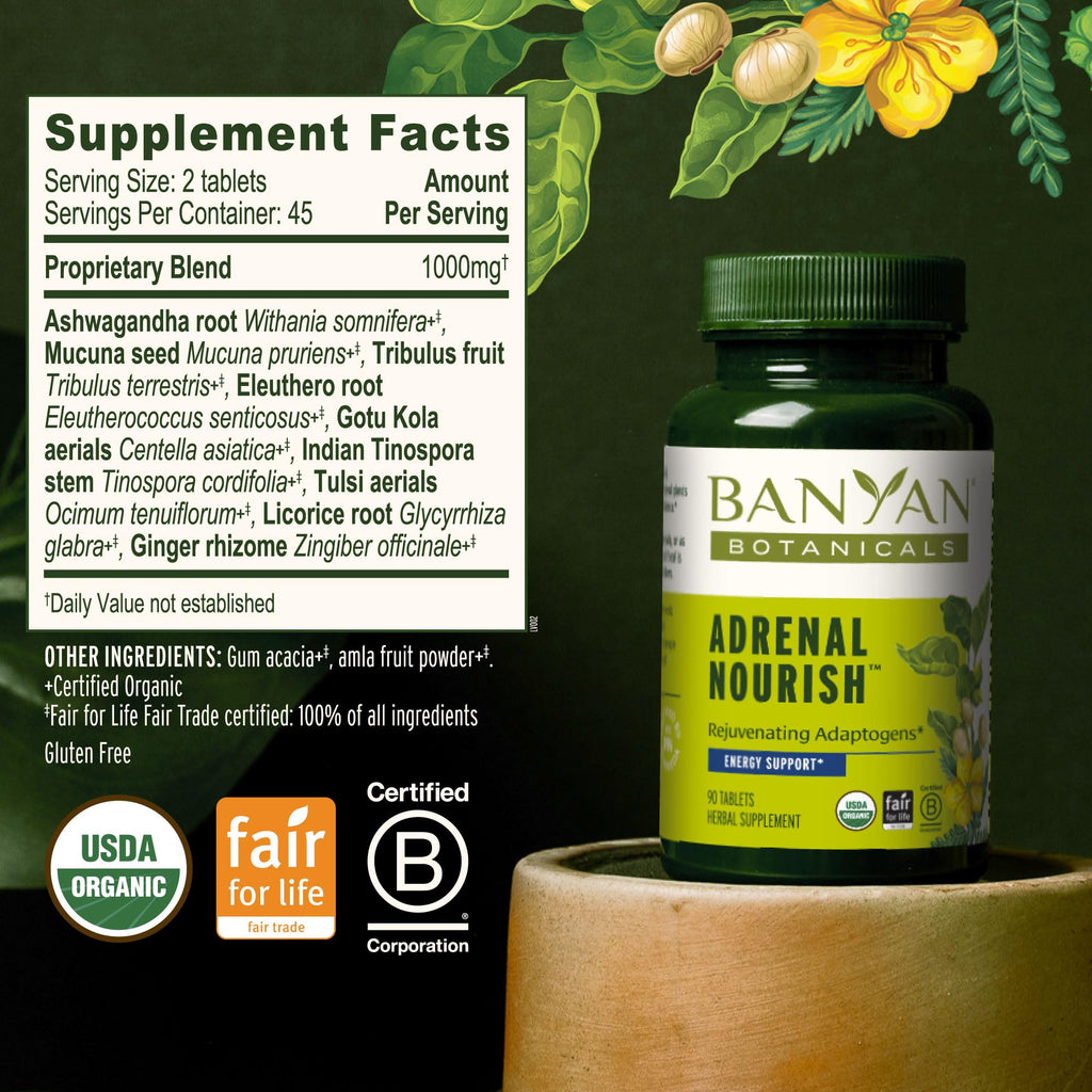 Banyan Botanicals Organic Adrenal Nourish - Cortisol Support & Stress Relief Supplement - Natural Energy & Fatigue Support with Ashwagandha & Adaptogens - 90 Tablets - Non-GMO, Vegan*