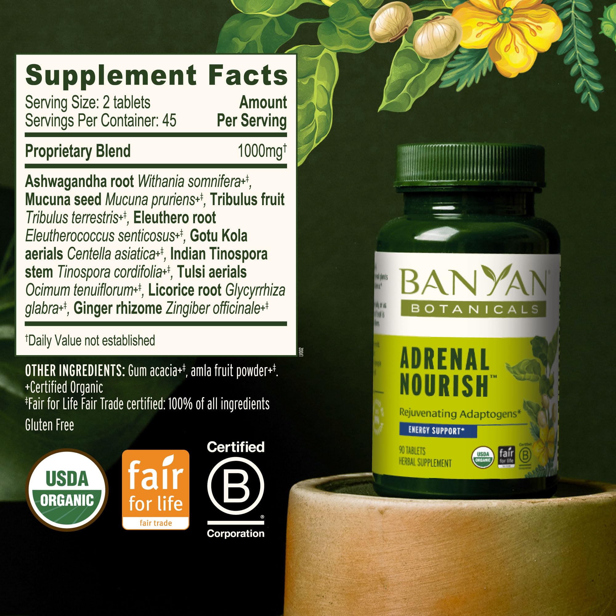 Banyan Botanicals Organic Adrenal Nourish - Cortisol Support & Stress Relief Supplement - Natural Energy & Fatigue Support with Ashwagandha & Adaptogens - 90 Tablets - Non-GMO, Vegan*