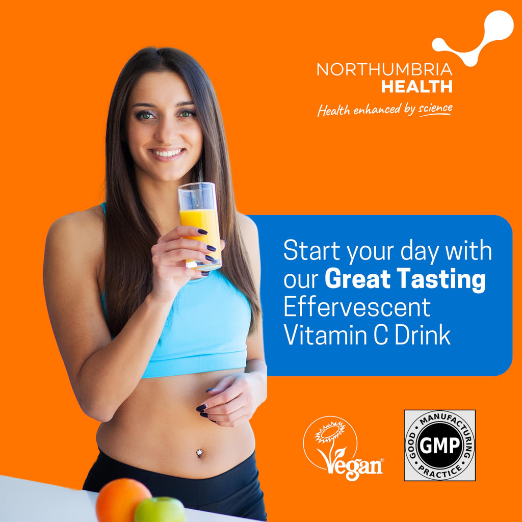 Effervescent Vitamin C Tablets, 20 Orange Flavoured Tablets, High Strength, Immune Support, Essential for Normal Collagen Formation, Vegan, Made by Northumbria Health
