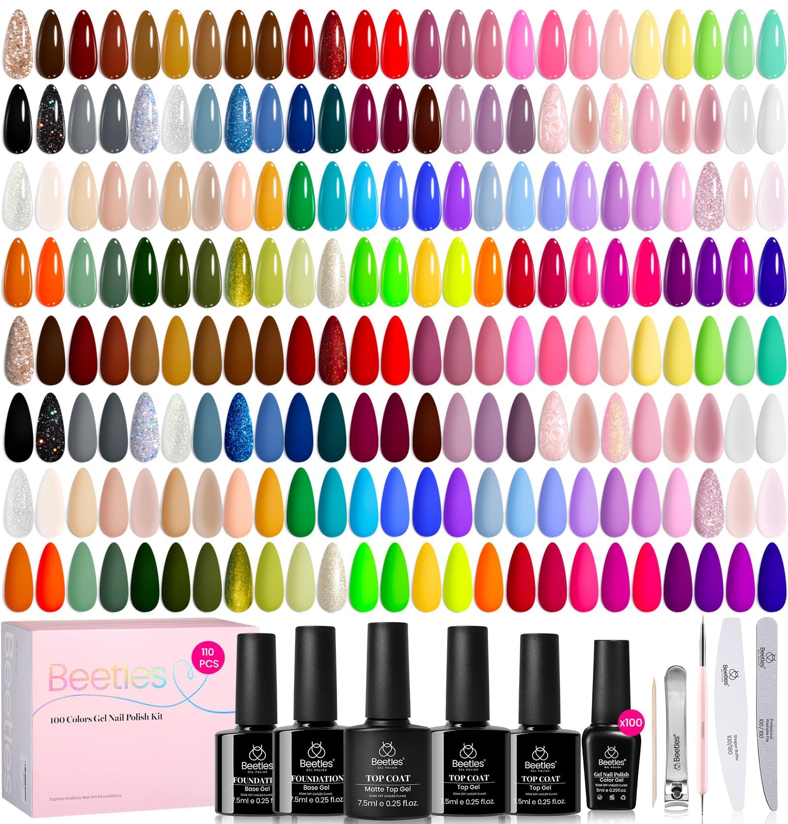 Beetles 110 PCS Gel Nail Polish Set, 100 Colors Infinite Inspiration Gift Spree All Season Red Brown Green Black Gel Polish with 5Pcs Base Top Coat Soak Off UV for Manicure Lovers DIY at Home