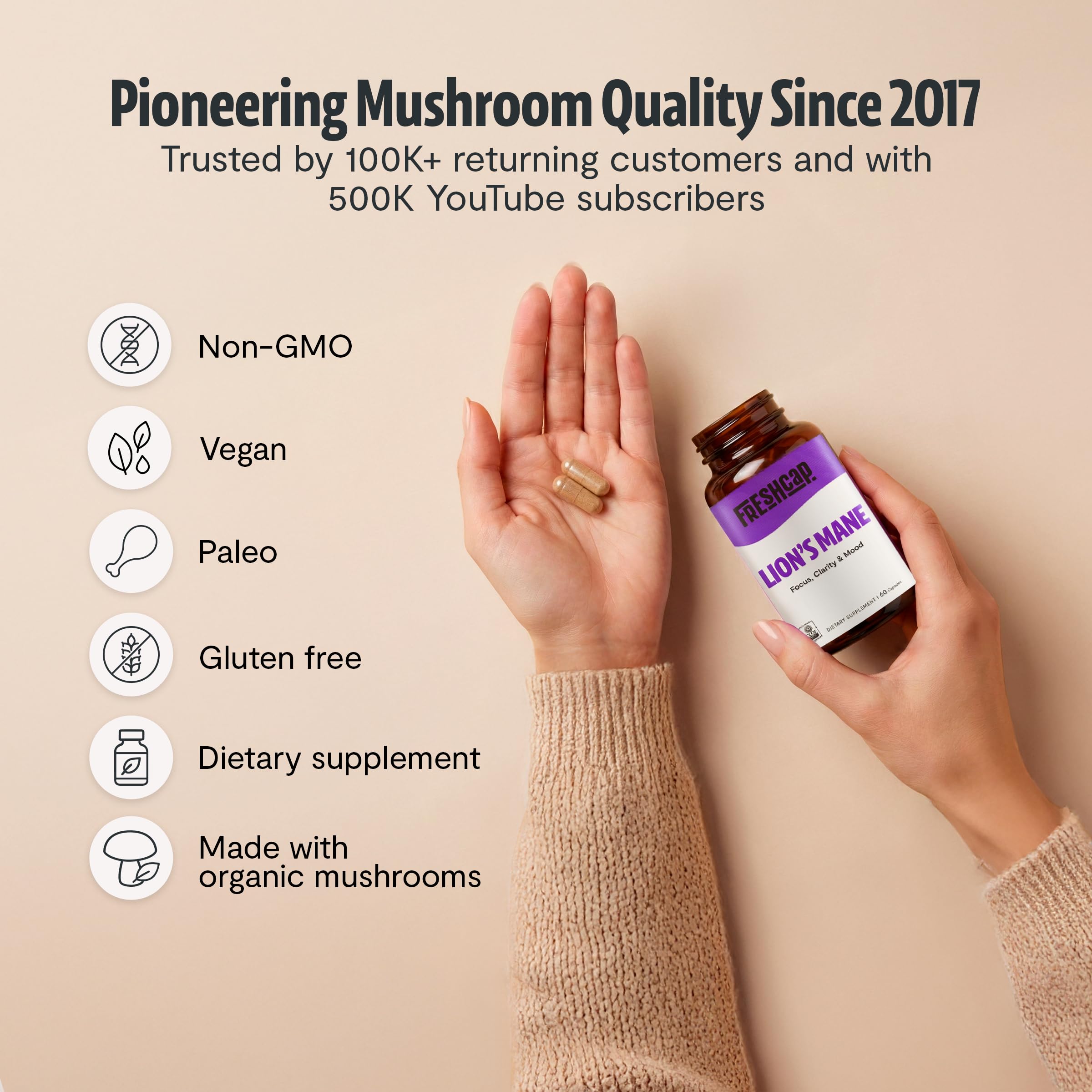 FreshCap Mushrooms Premium Organic Lions Mane Capsules - 14:1 Fruiting Body Extract with 31% Beta-Glucans - 3rd-Party Tested Nootropic for Clarity, Focus & Cognitive Support (120 Capsules)