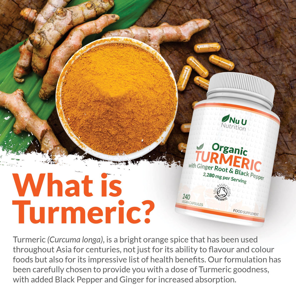 Organic Turmeric Ginger & Black Pepper 2280mg - 240 Vegan Capsules not Tablets - High Strength Tumeric Curcumin - Joints Herbal Supplement for Men and Women - Made in the UK - Nu U Nutrition