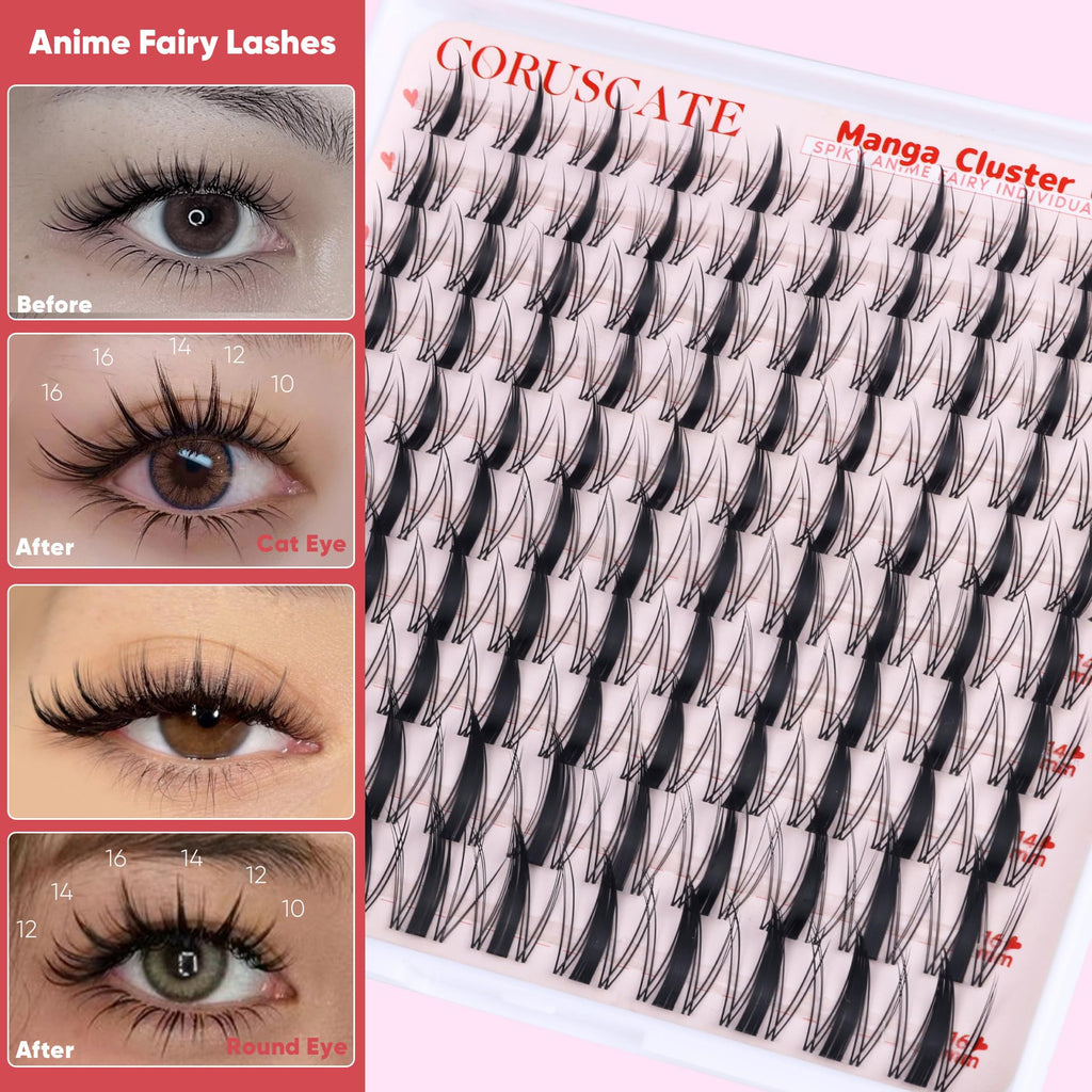 CORUSCATE Cluster Lashes Manga Individual Eyelashes Natural Look Lashes Individual Cluster Anime Spiky Eyelash Clusters 10-16mm DIY Wet Look Lash Extension Japanese Style Manhua Lashes Wispy