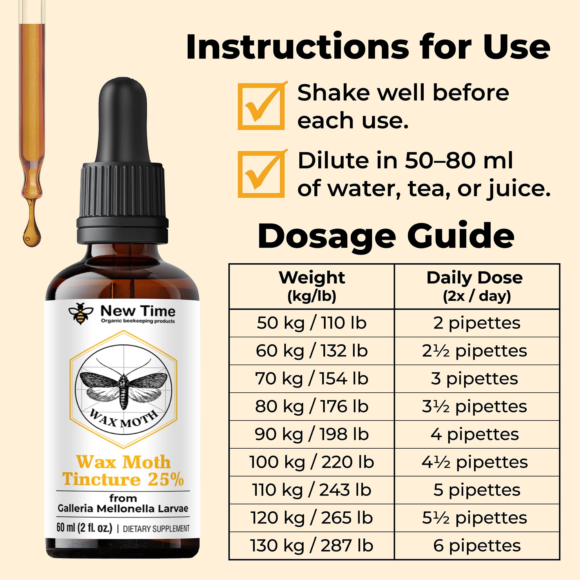 2-Pack Wax Moth Larvae Tincture – 25% Galleria mellonella Extract | 120 ml Total (2 x 60 ml) Ognevka Liquid Bee Supplement for Respiratory Wellness & Immune Support