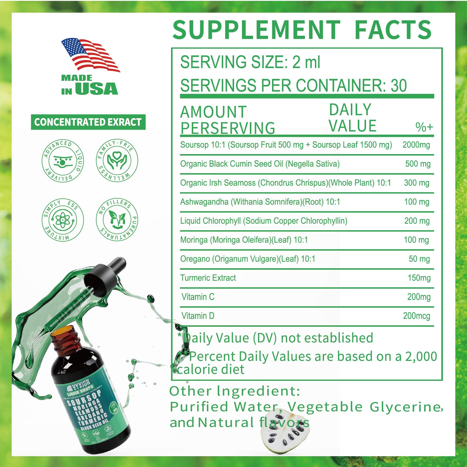 Soursop Pure Liquid Drops 10 in 1 with Sea Moss, Moringa, Turmeric, Black Seed Oil, Oregano, Ashwagandha | Herbal extracts for Overall Health | Vegan, Non-GMO | 4 Fl Oz