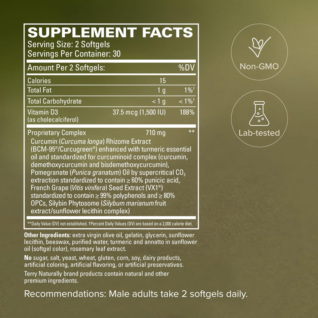 Terry Naturally Healthy PSA Levels - Dietary Supplement for Healthy Prostate & Hormone Balance Support - Herbal Supplement with Curcumin, Turmeric Essential Oil & Grape Seed Extract - 60 Softgels