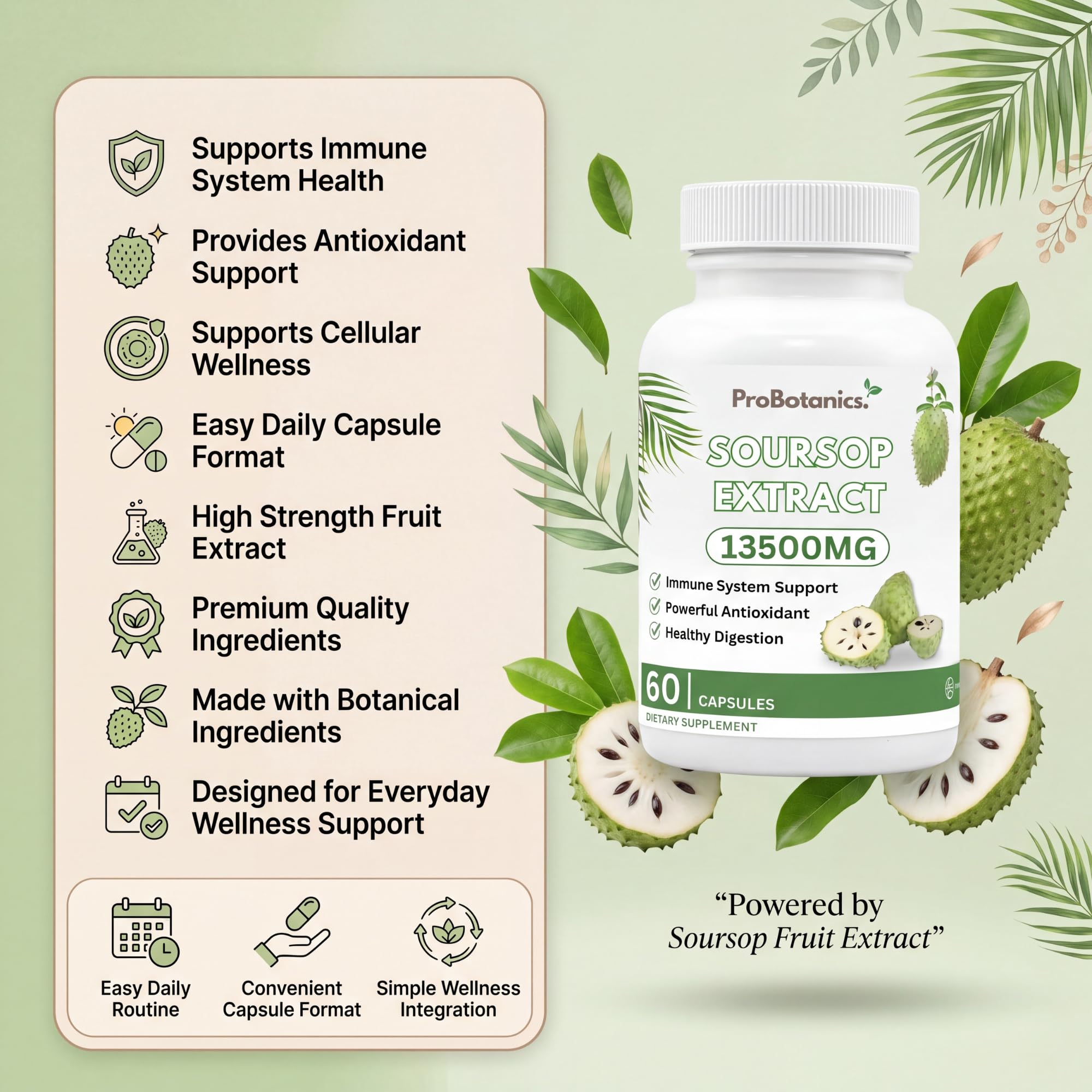 ProBotanics Organic Soursop for Cell Support & Regeneration | High Strength 450mg 30:1 Extract Equiv. to 13500mg Extract Per Serving | Powerful Antioxidant and Immune Support - 60 Capsules