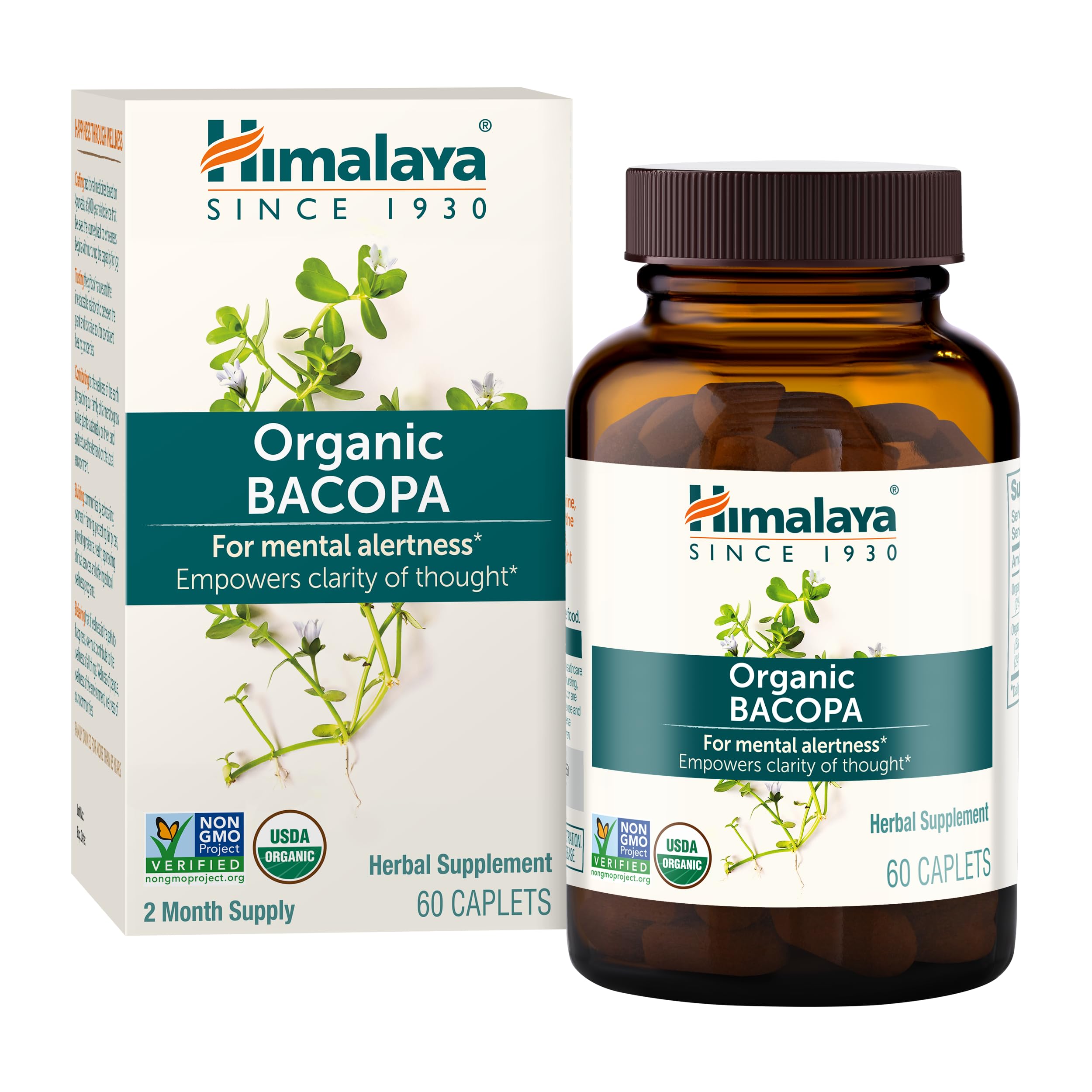 Himalaya USDA Organic Bacopa Monnieri Nootropic Herbal Supplement,Brahmi,Bacopa Supplements, Bacopa Extract,Mental Alertness, Supports Calm,Memory,Cognition,Non-GMO,750 mg, 120 Plant-Based Caplets
