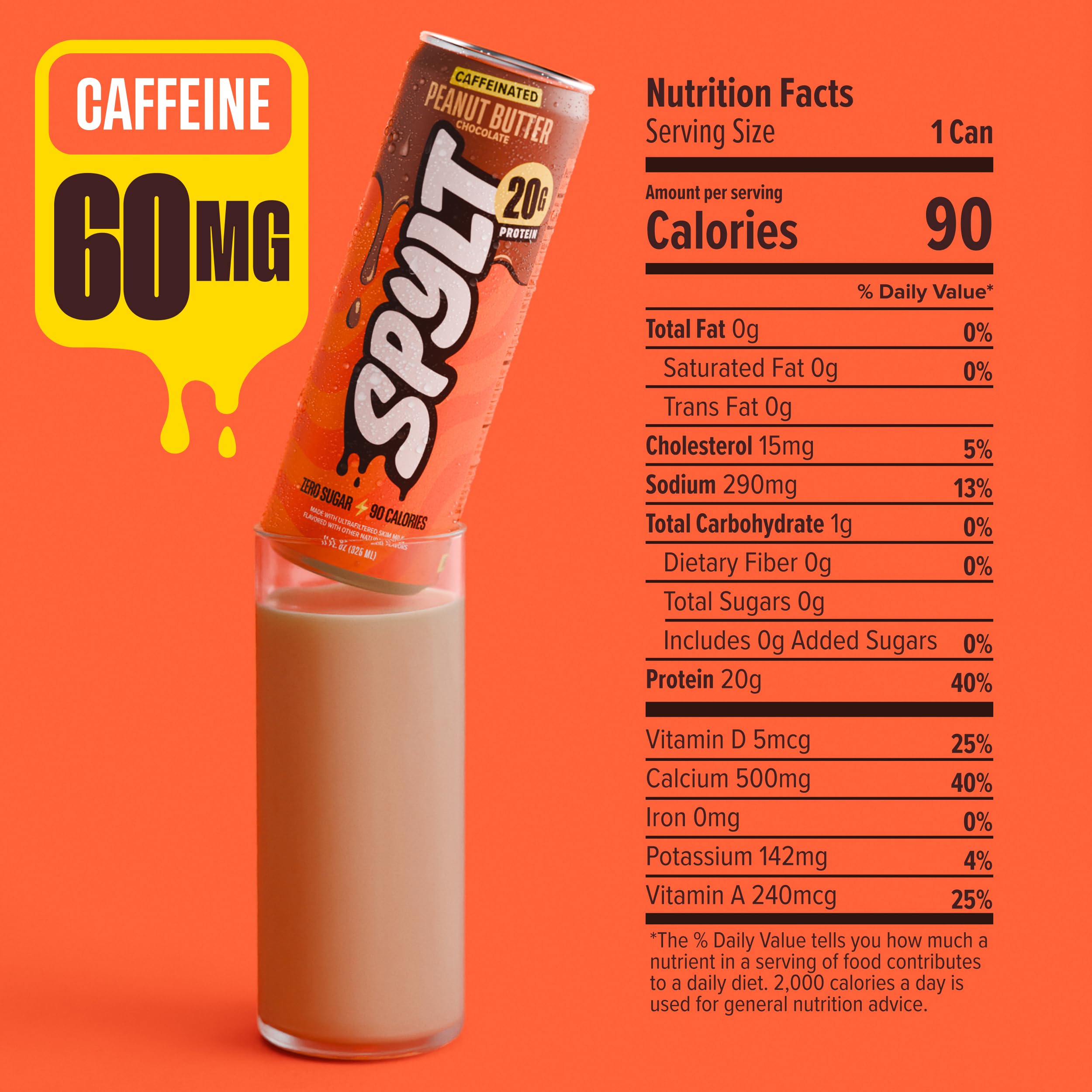 Spylt High Protein Peanut Butter Chocolate Milk with 60mg Caffeine & 20g Protein - 90 Calories, Ready to Drink, Sugar Free, Lactose Free Milk, Perfect for Workout Recovery & Afternoon Pick Me Up - 12 Count - Packaging May Vary