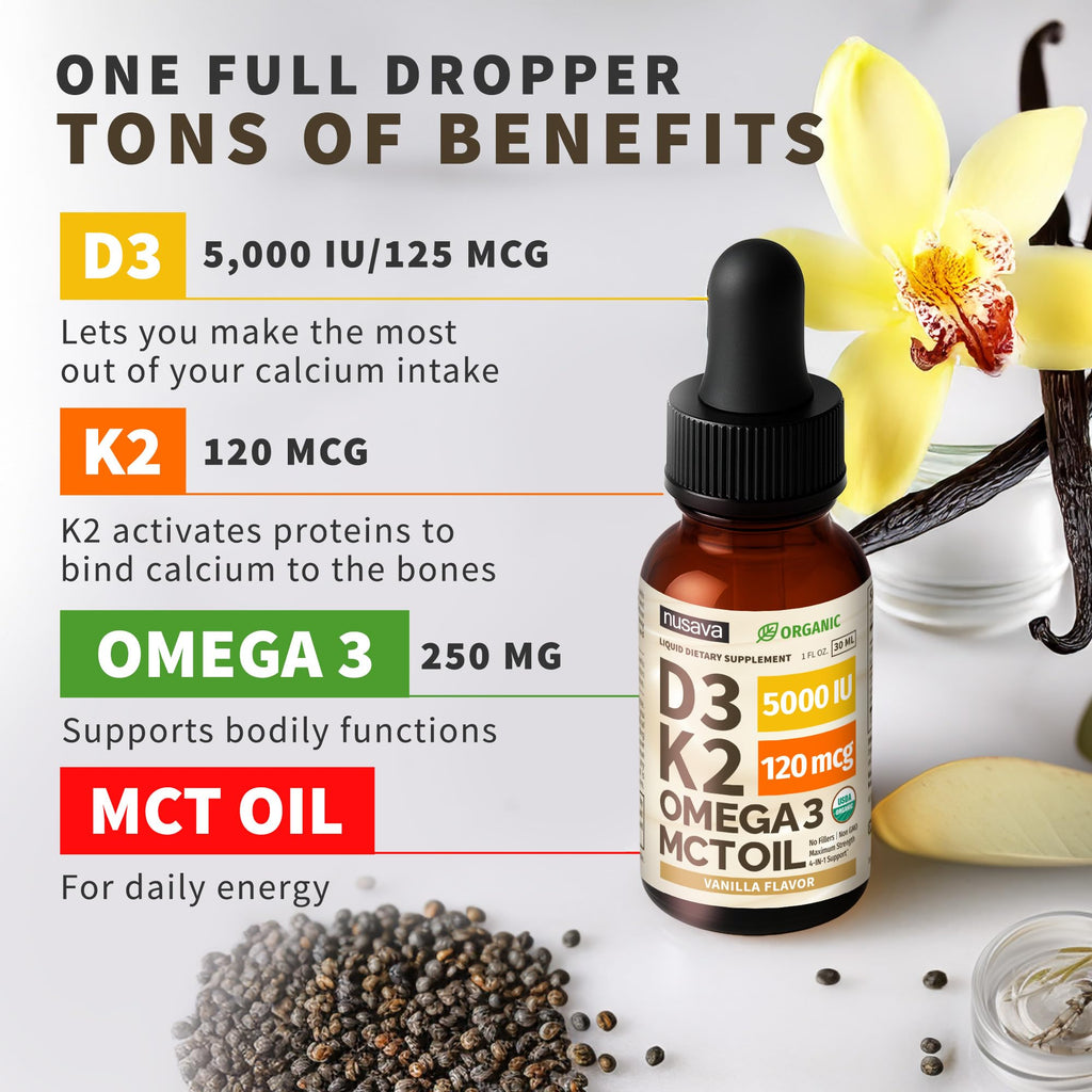 (2 Pack) Organic Vitamin D3 K2 Drops with MCT Oil & Omega 3 - Liquid Vitamin D3 5000 IU - K2 D3 Vitamin Supplement - Vitamin D Drops for Women & Men - No Fillers, Non-GMO, GMP, Vanilla (2 Fl Oz)