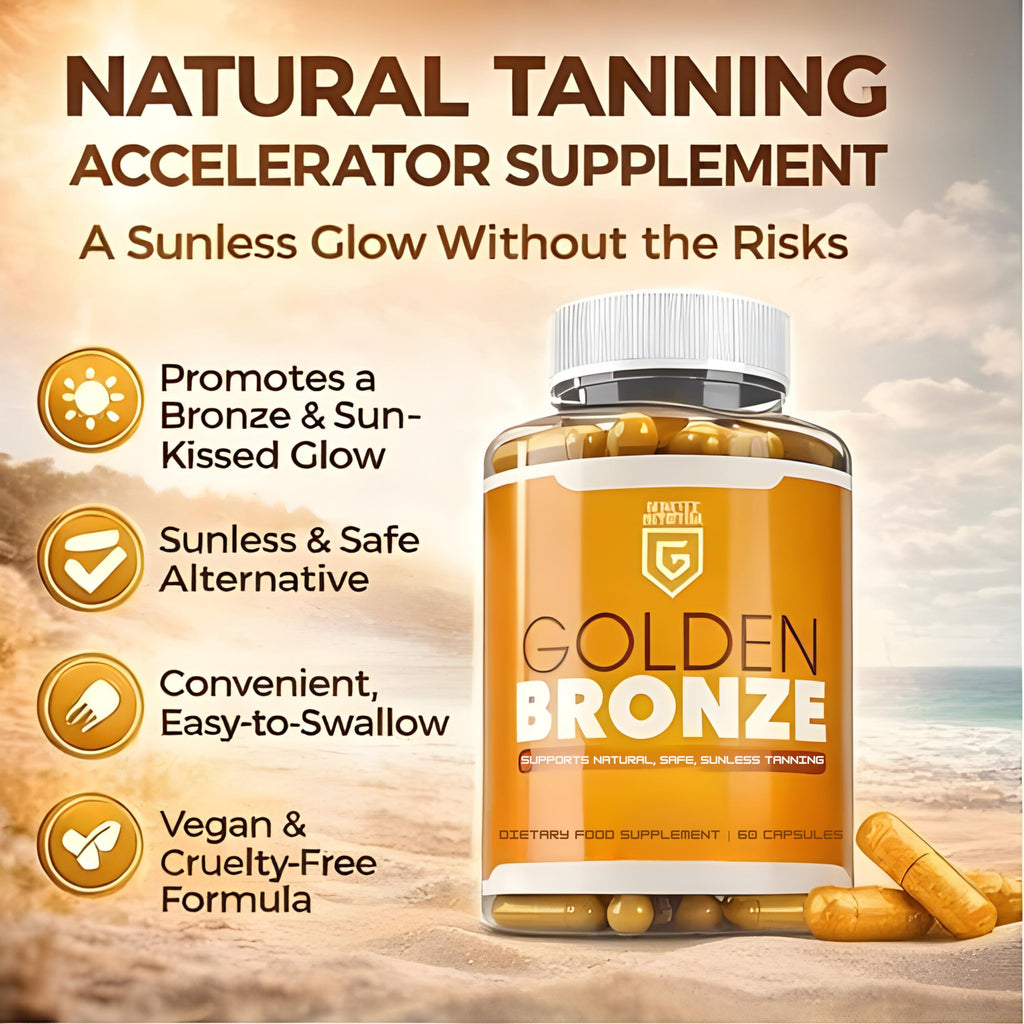 Golden Bronze Tanning Pills Supplement x 60 Capsules, Sunless & Safe Tan Melanin Accelerator Capsules, Tanning Pills for Healthy Natural Tan - Made in UK