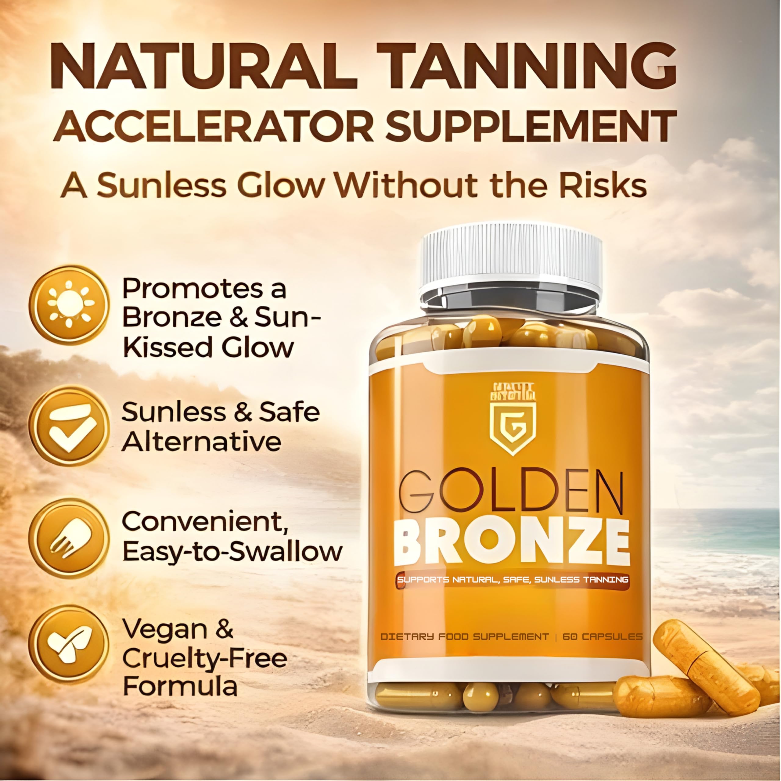 Golden Bronze Tanning Pills Supplement x 60 Capsules, Sunless & Safe Tan Melanin Accelerator Capsules, Tanning Pills for Healthy Natural Tan - Made in UK