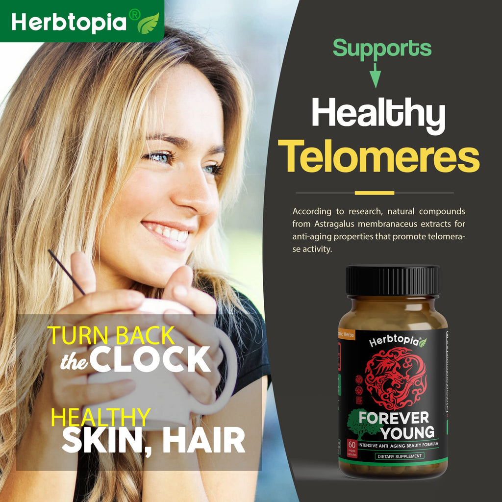 Herbtopia Forever Young Anti Aging Adaptogen Supplement with Organic Red Ginseng, Astragalus, Reishi, Lion's Mane & Codonopsis — Supports Immune Function, Healthy Aging & Longevity | 60 Vegan Caps