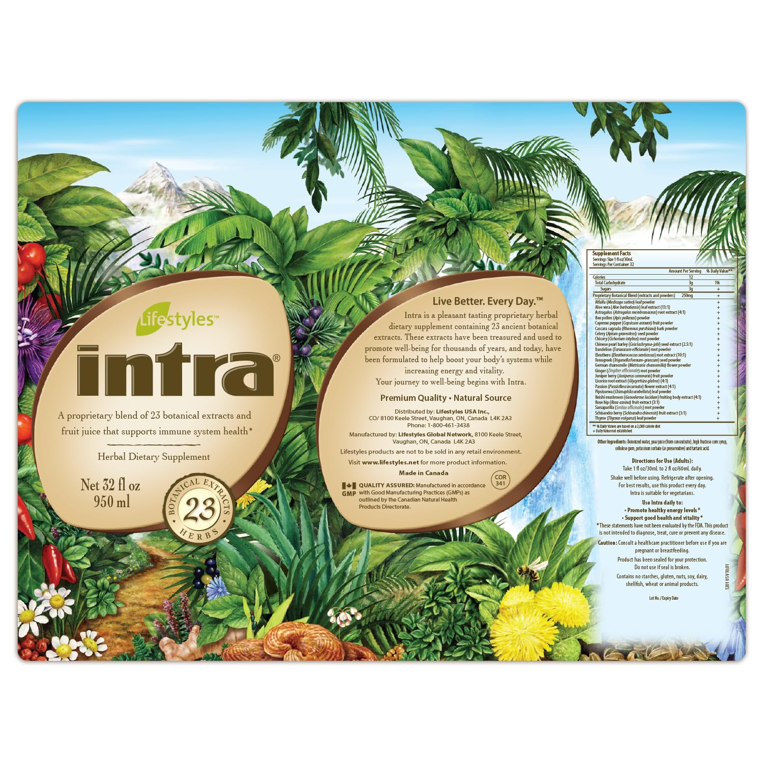 Intra Lifestyles Herbal Juice Drink – Botanical Beverage for Immune and Energy Support – 23 Botanical Extracts – Made in Canada 1 Bottle 950 mL (32 fl oz)
