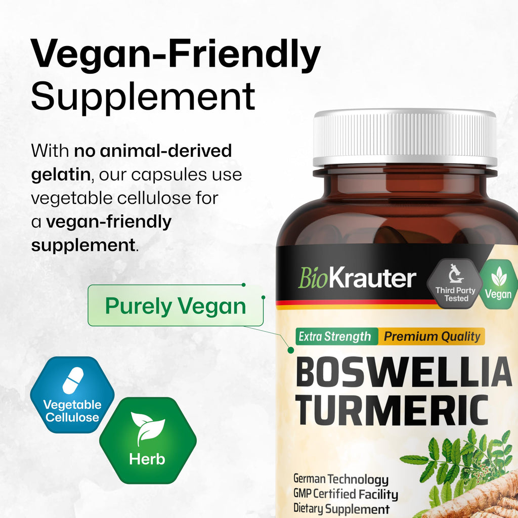 BIO KRAUTER® Turmeric Curcumin Supplement with Boswellia for Mobility Support - Vegan Turmeric with Black Pepper & Boswellia Extract 100 Capsules, 33 Days of Supply - Natural Digestive Support