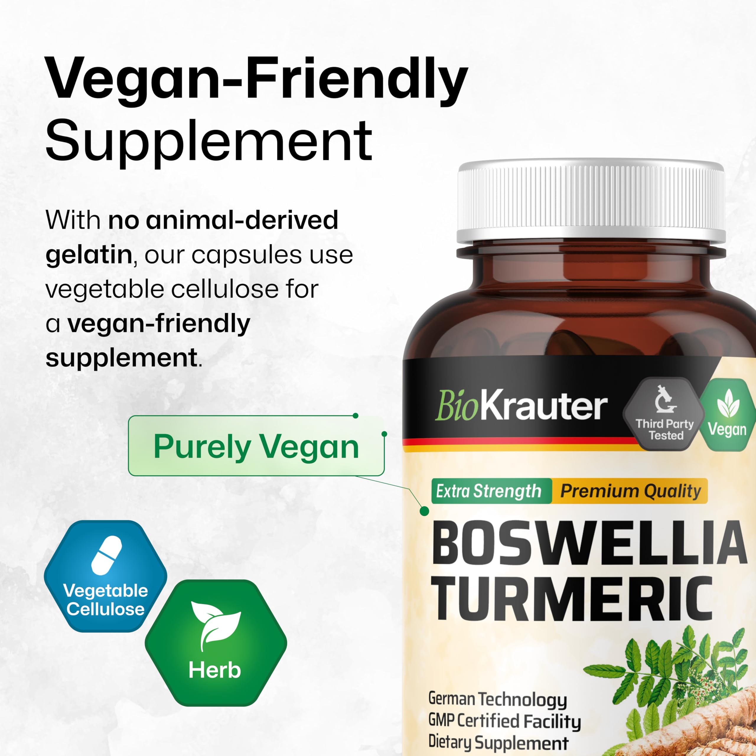 BIO KRAUTER® Turmeric Curcumin Supplement with Boswellia for Mobility Support - Vegan Turmeric with Black Pepper & Boswellia Extract 100 Capsules, 33 Days of Supply - Natural Digestive Support
