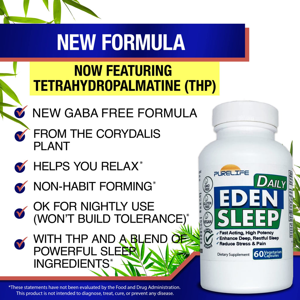 PureLife Supplements - Eden Daily Sleep [NEW GABA Free Formula] – Fall Asleep Faster, Relax Your Body, Promote Deep and Restful Sleep (60 Vegan Capsules)