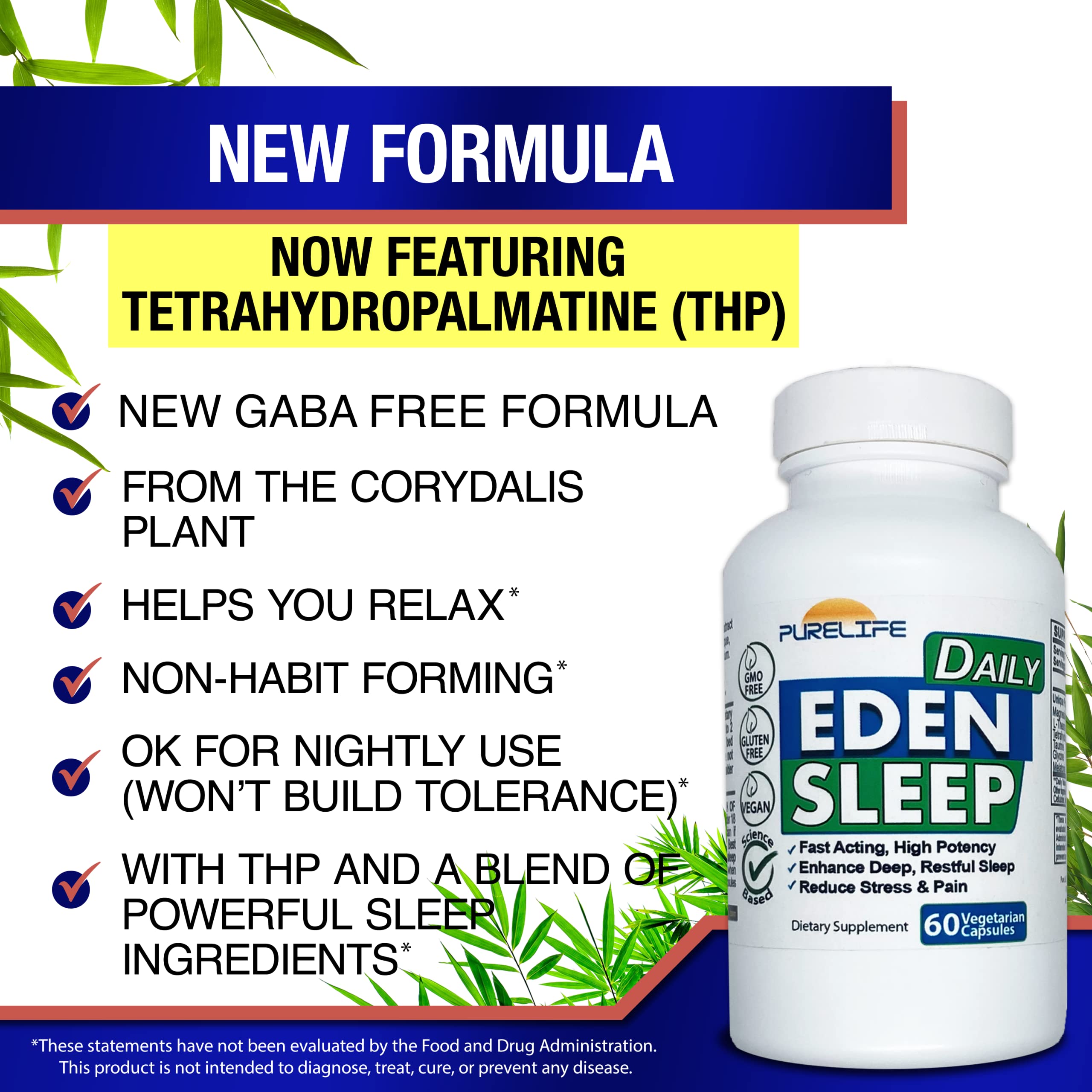 PureLife Supplements - Eden Daily Sleep [NEW GABA Free Formula] – Fall Asleep Faster, Relax Your Body, Promote Deep and Restful Sleep (60 Vegan Capsules)
