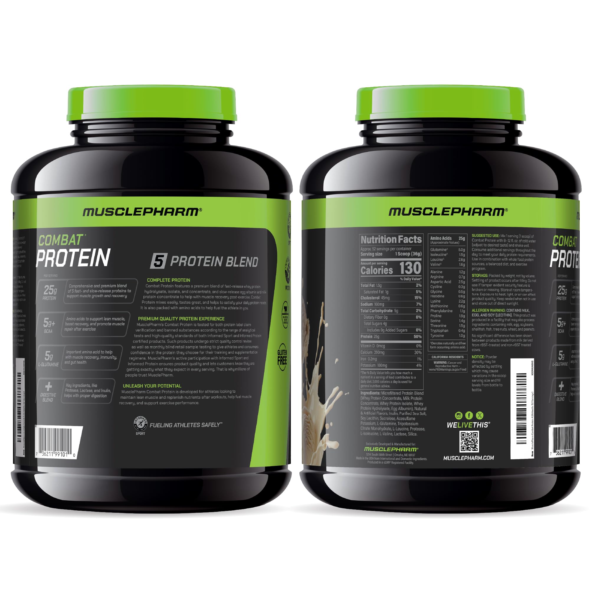 MusclePharm Combat Protein Powder, Vanilla Flavor, Fuels Muscles for Productive Workouts, 5 Protein Sources including Whey Protein Isolate & Egg Albumin, Gluten Free, 4 lb, 52 Servings